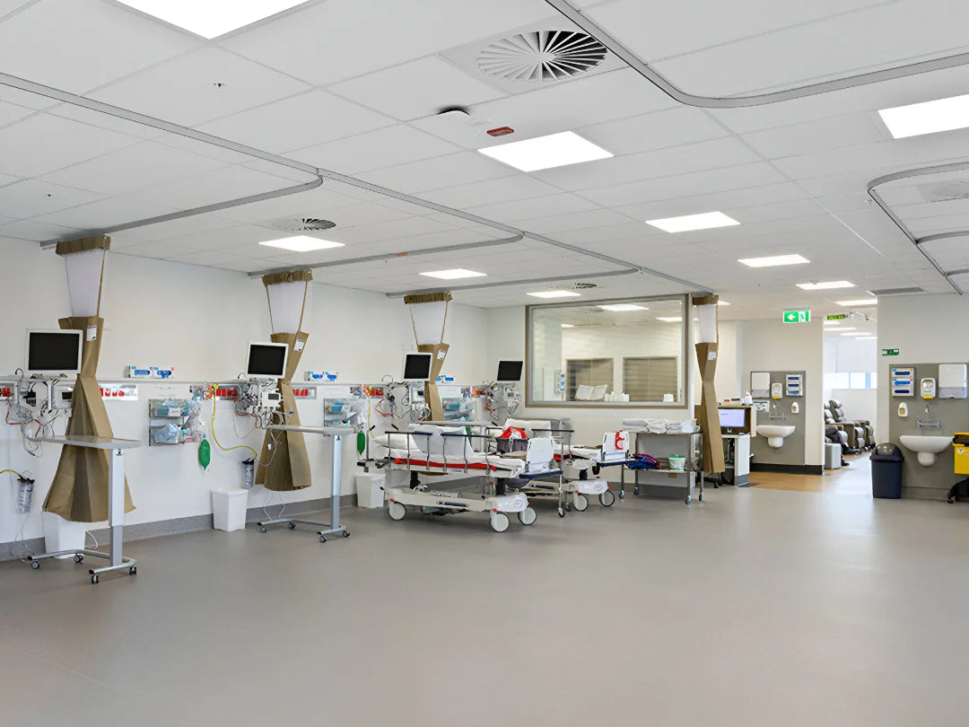 Hospital room with medical equipment and monitors