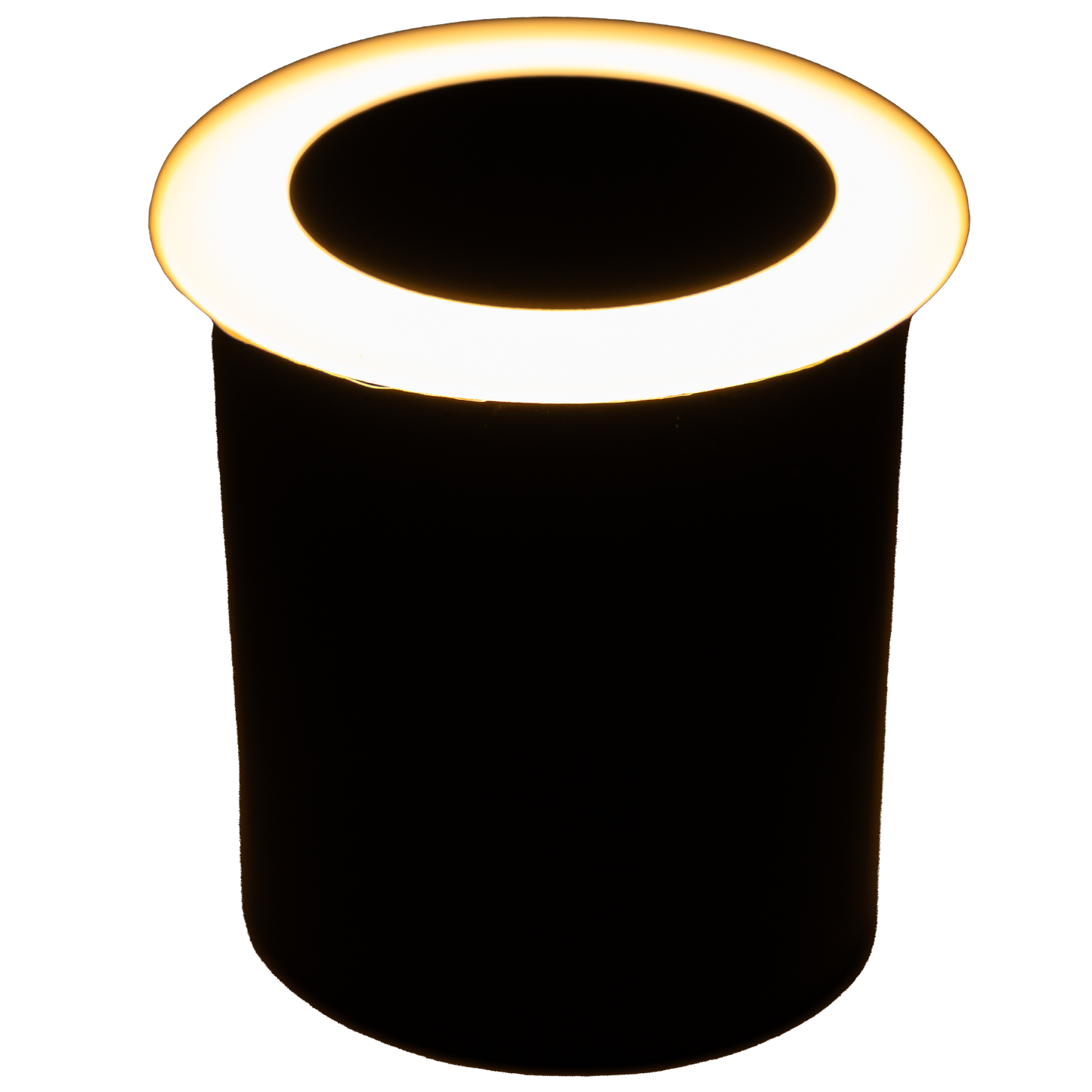 Black cylindrical light fixture with illuminated top on a white background