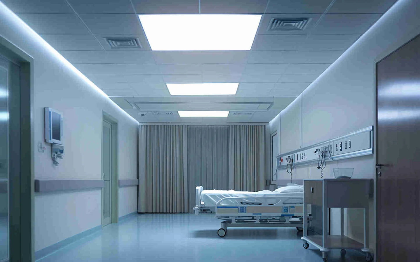 Hospital room with a bed and medical equipment