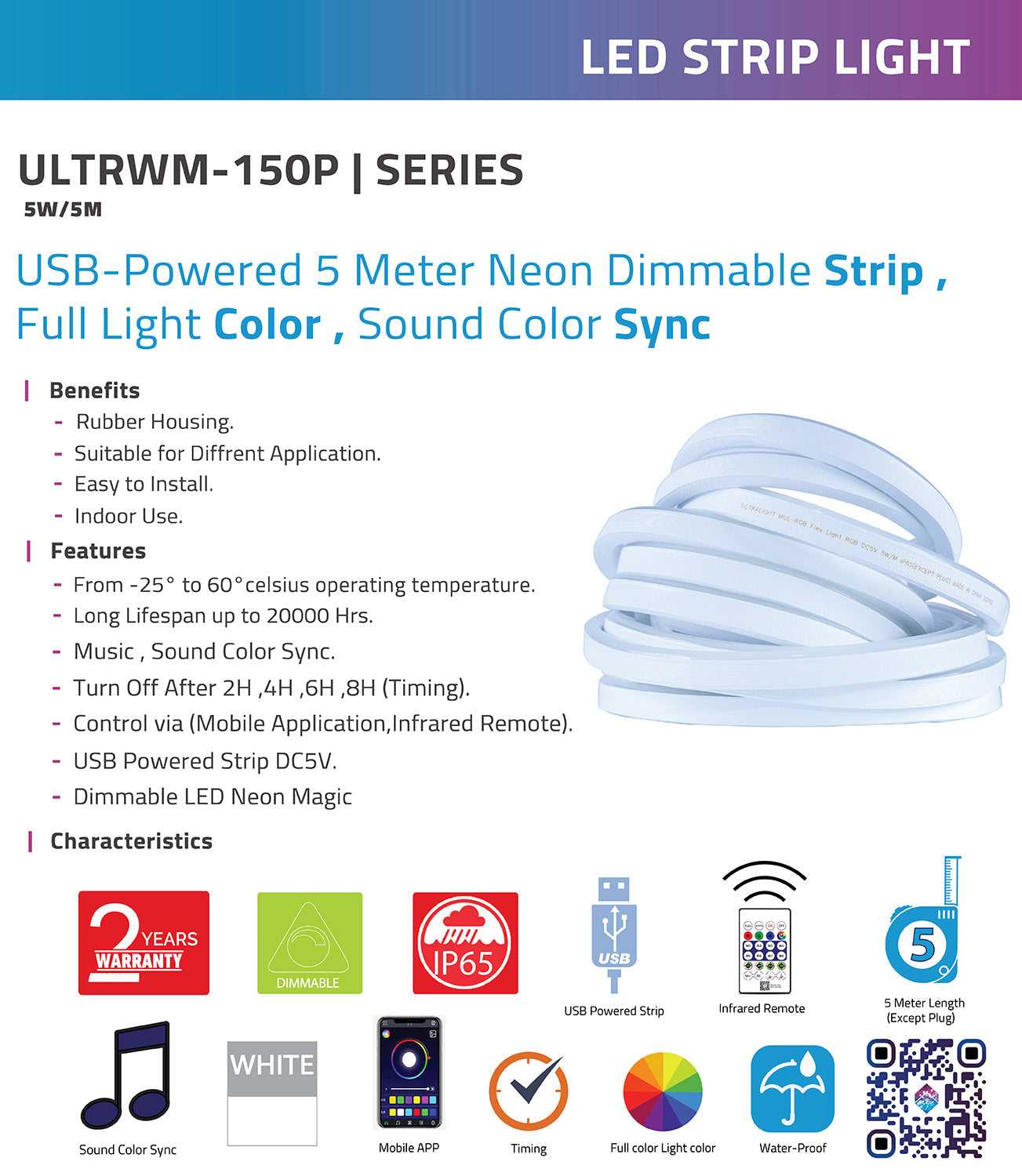 Ultralight USB Neon LED Strip Light with Music Sync & Smart Control – 5M (RGB Flex Light)