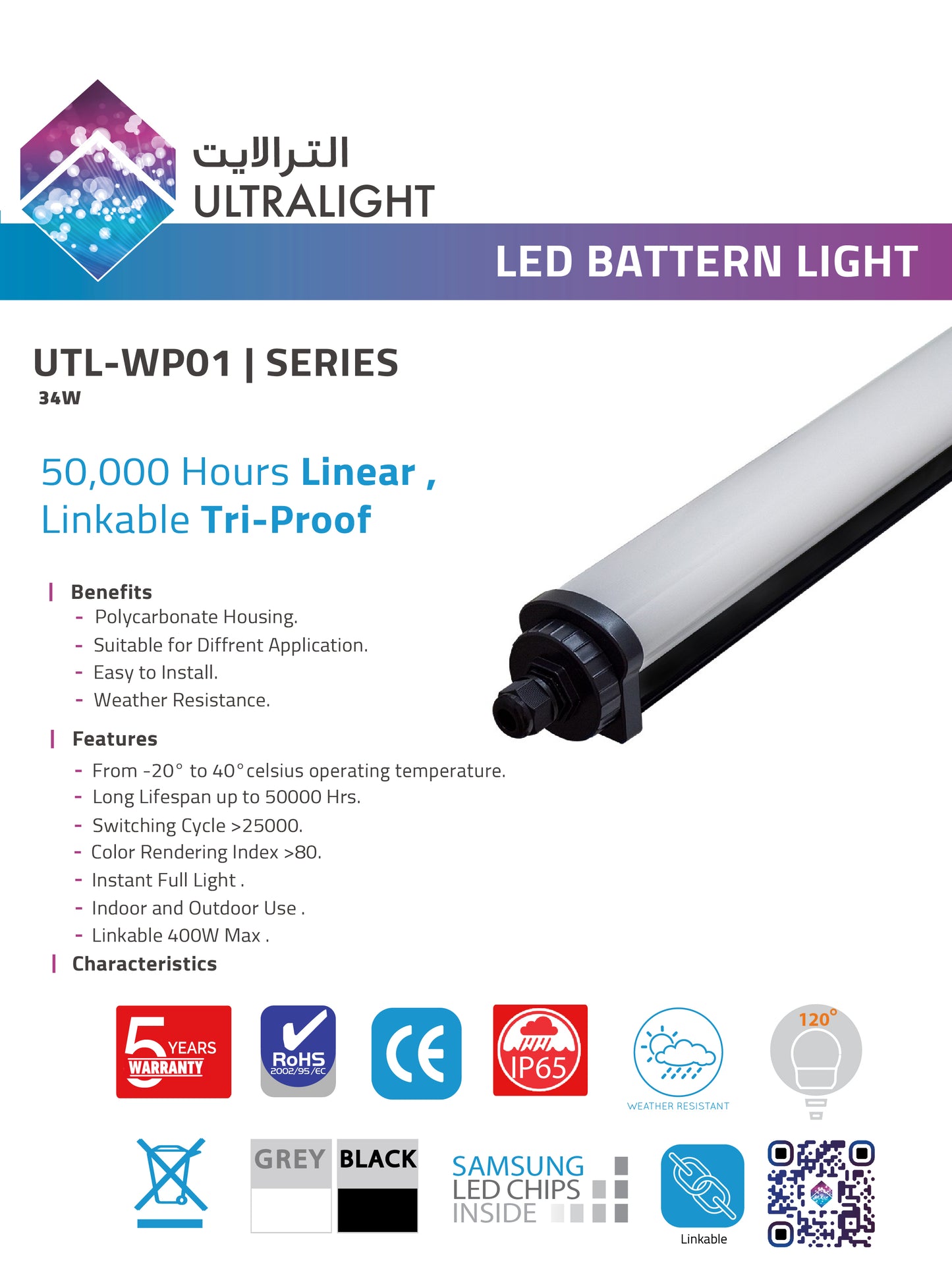 Ultralight LED Batten Light - Linkable Tri-proof 34W IP65 (UTL-WP01)