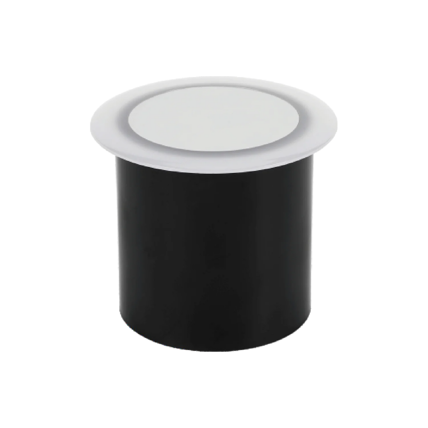 Black cylindrical LED inground light with a frosted diffuser, suitable for outdoor spot lighting.