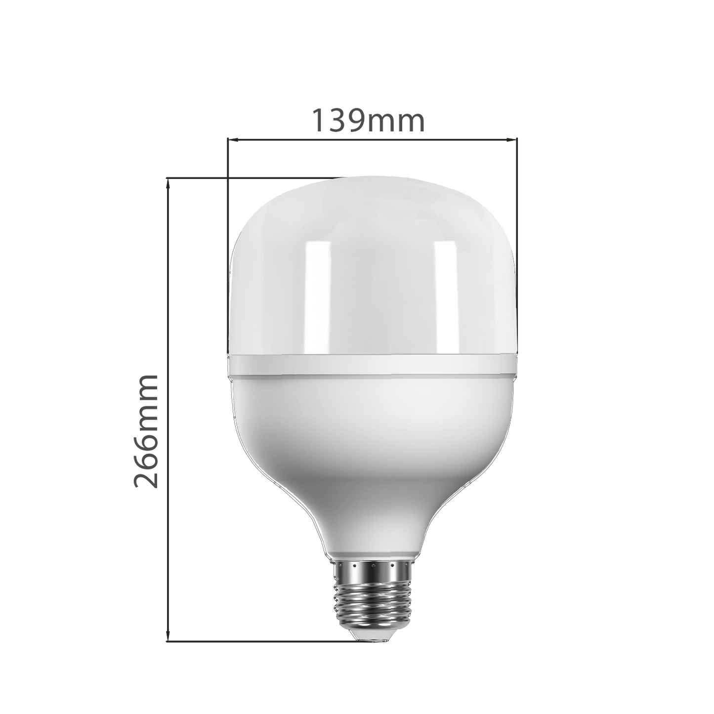 LED light bulb with dimensions labeled on a white background