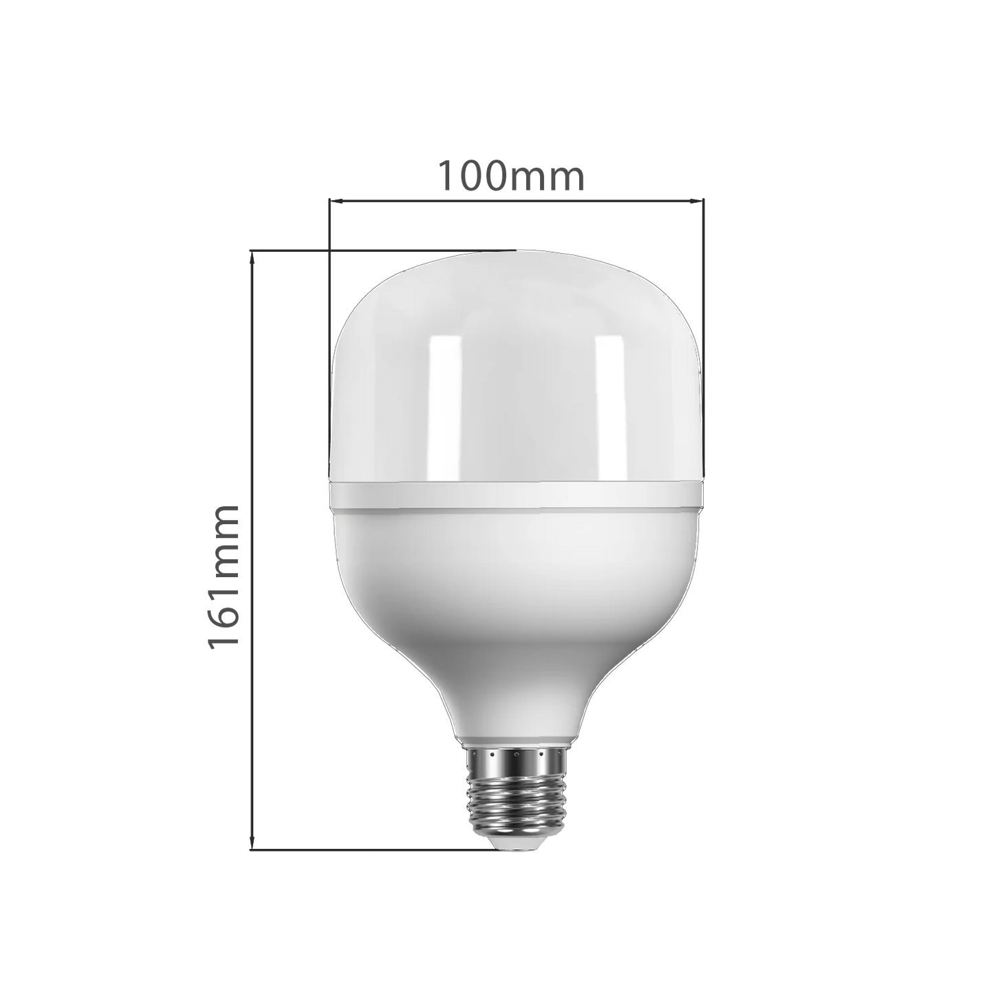 White light bulb with dimensions labeled on a white background