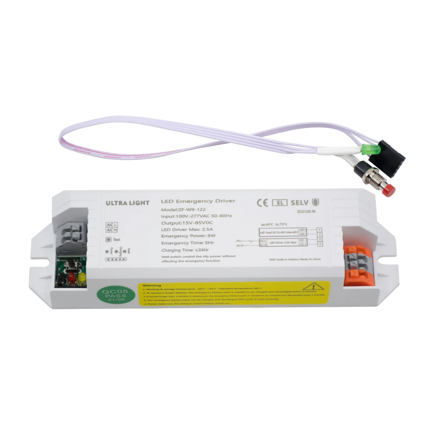 LED emergency driver with label on a white background