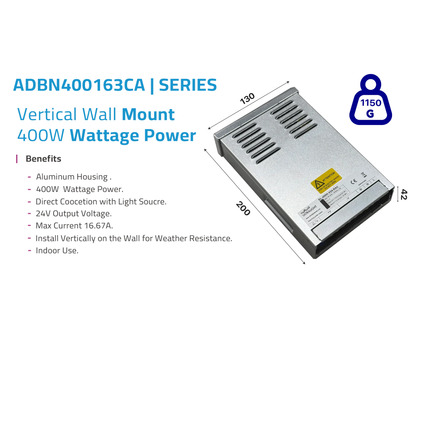 Power Supply 400W 24V for High-Powered LED Systems (ADBN400163CA)