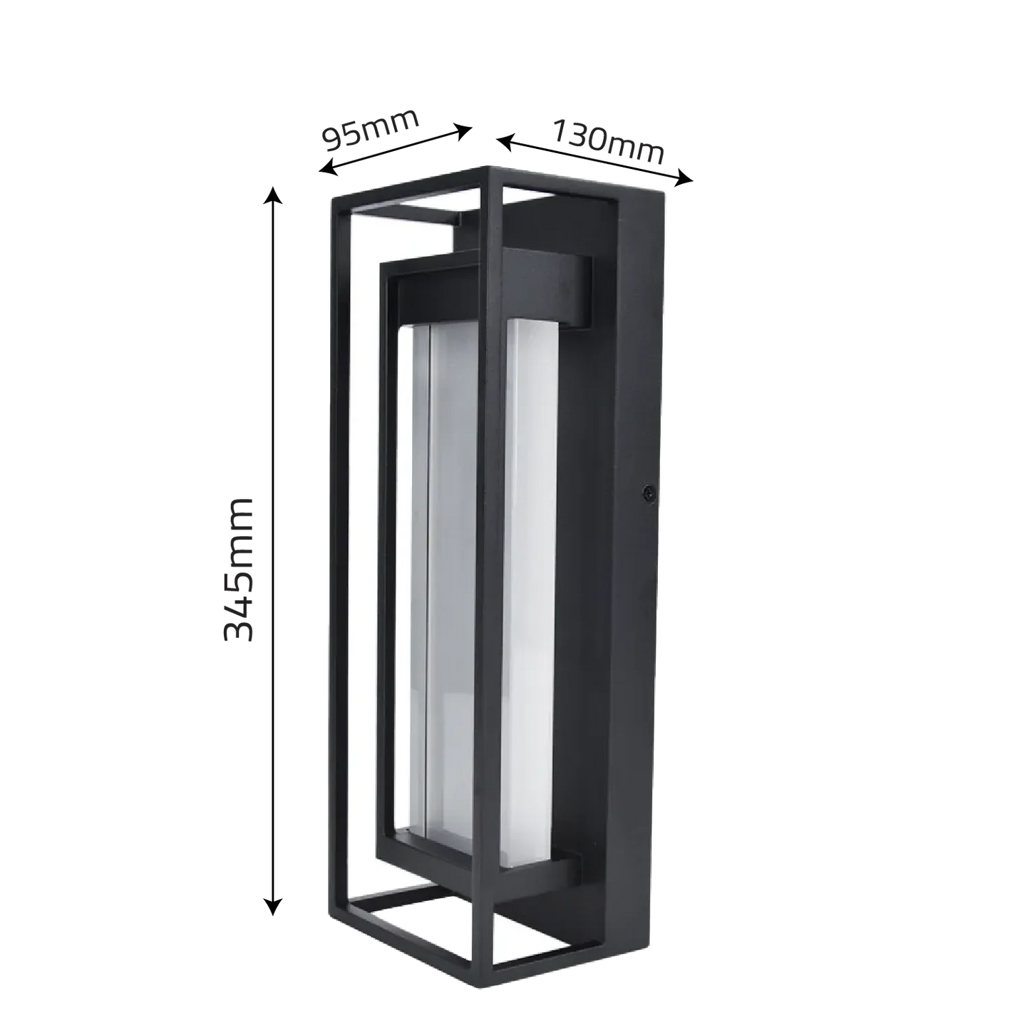 Black outdoor wall light with dimensions on a white background