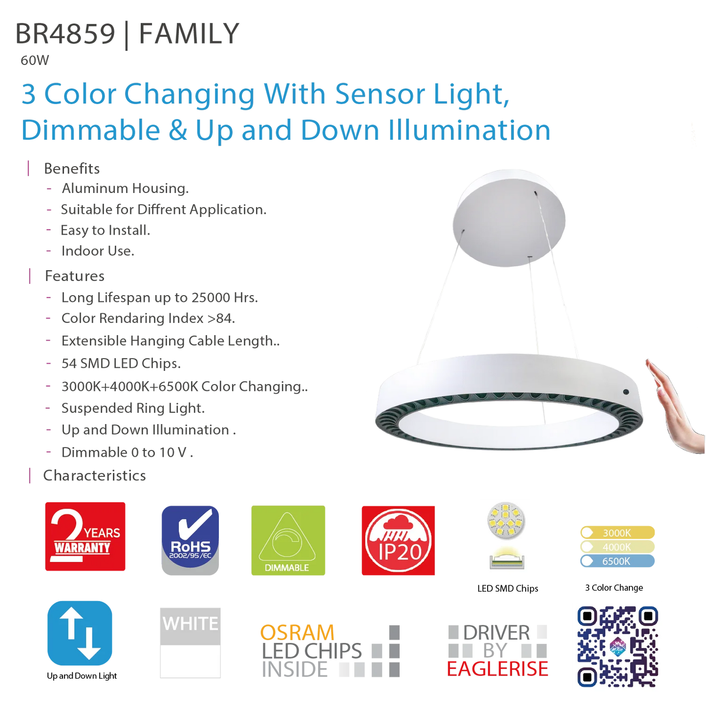 LED Pendant Light with Sensor - Dimmable & Up and Down illumination (BR4859)