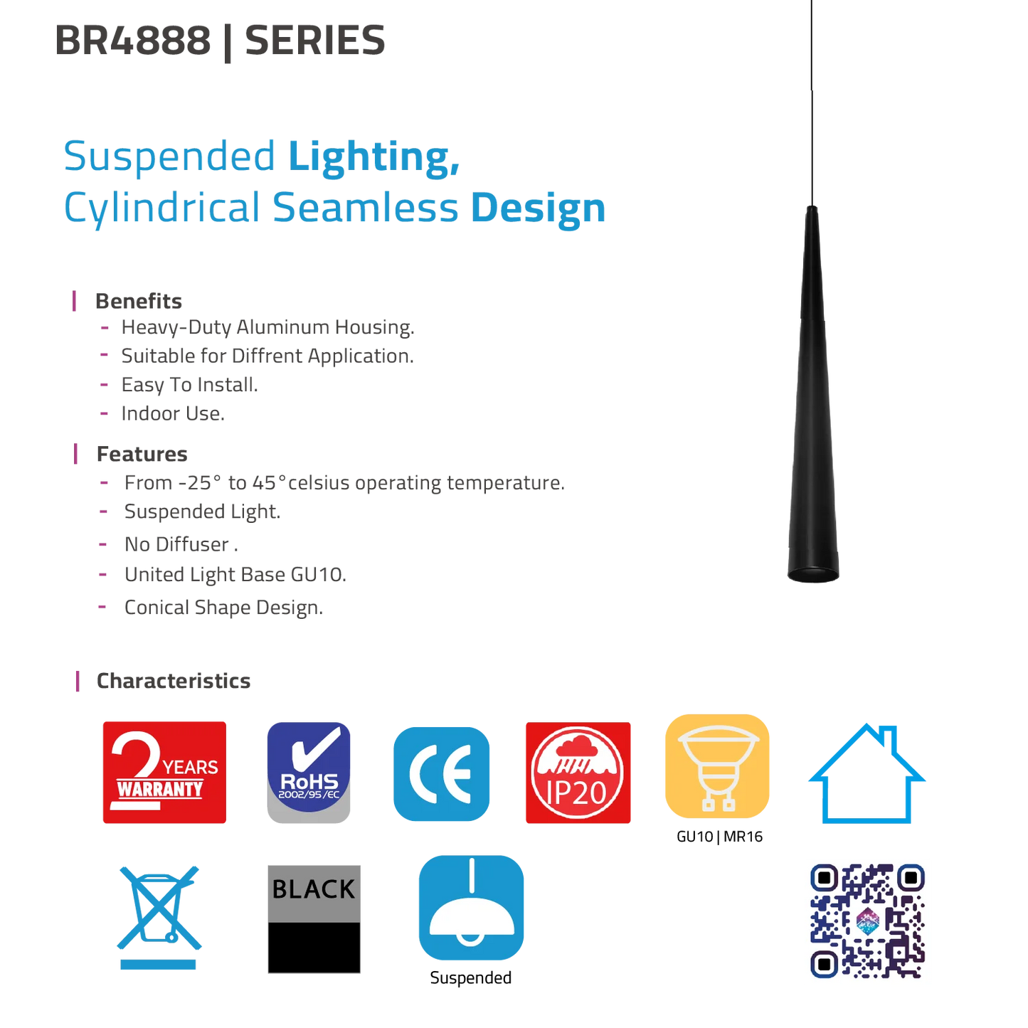 BR4888 series suspended lighting with features and benefits listed on a white background.
