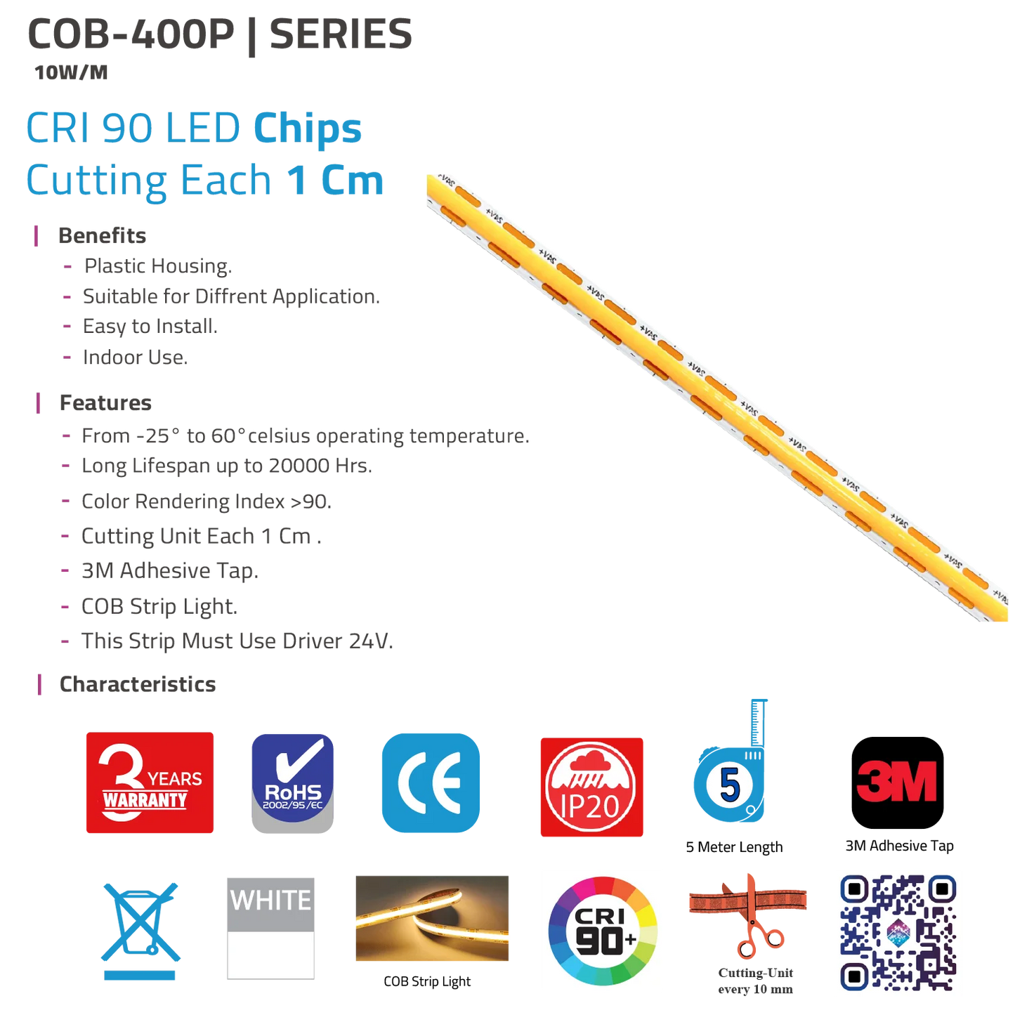 Ultra Light COB LED Strip Light - High CRI - Smooth Light - Flexible Design (COB-400P)