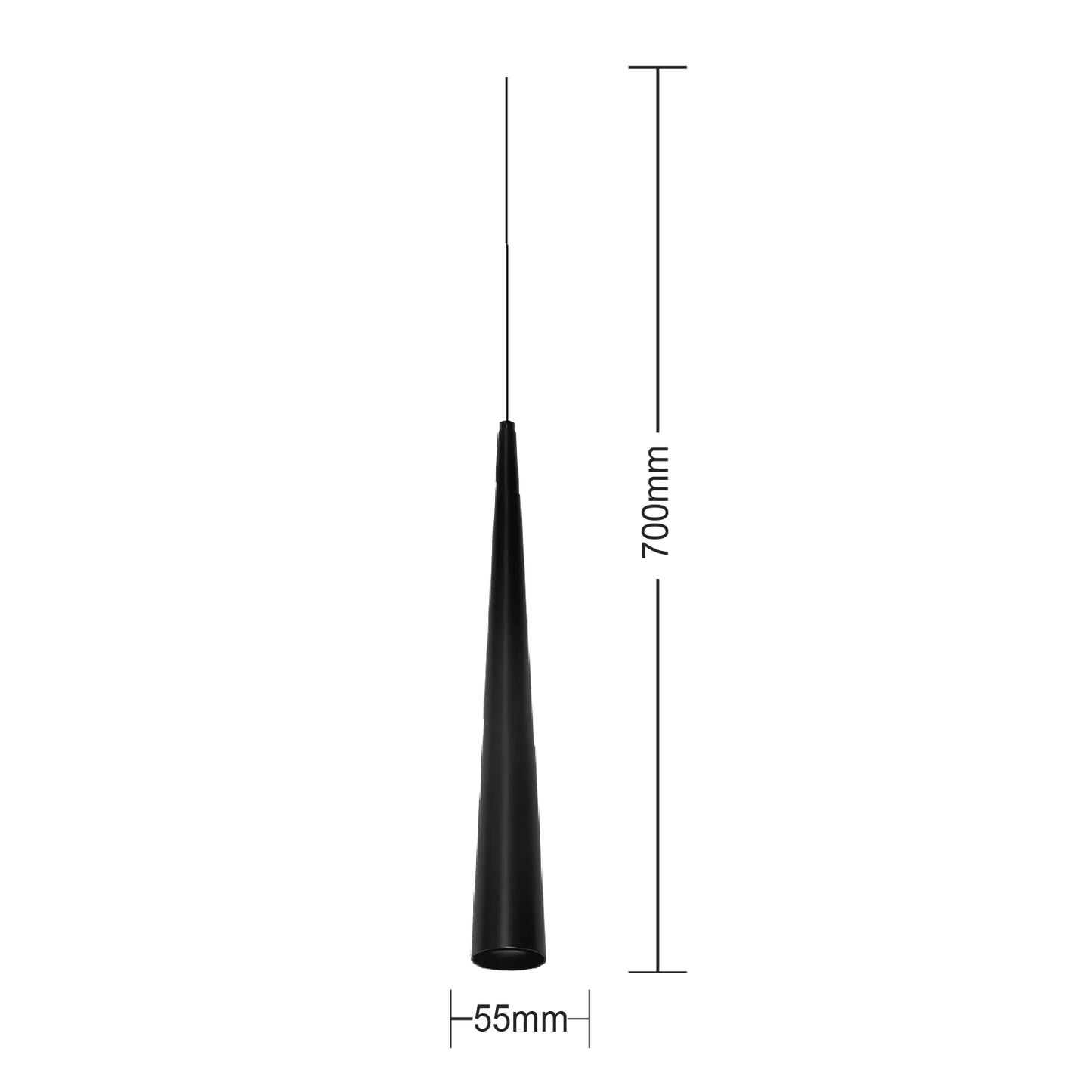 Black antenna with measurements on a white background
