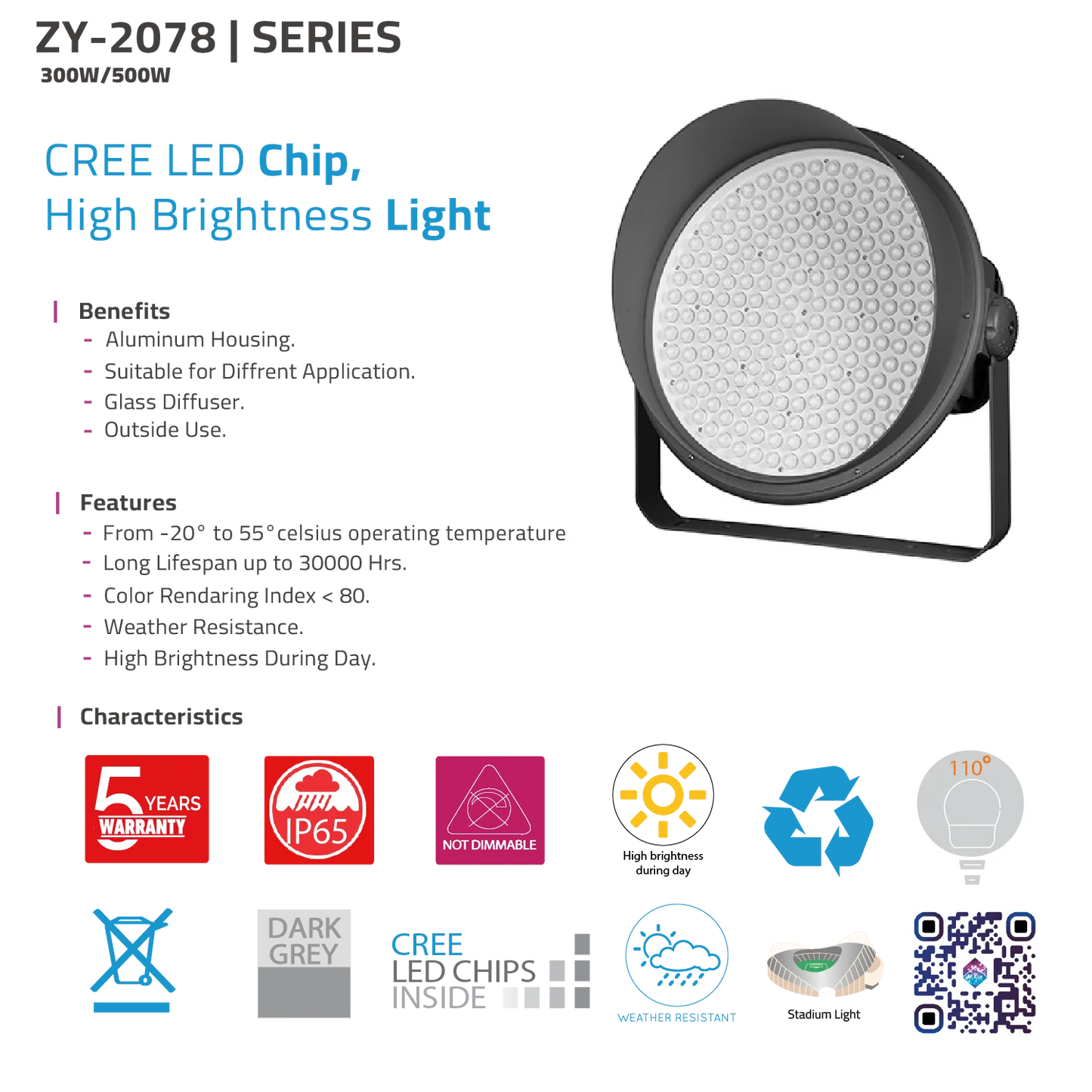 LED Flood Light IP65 (ZY-2078) – 300W/500W Outdoor Stadium Light with CREE Chips