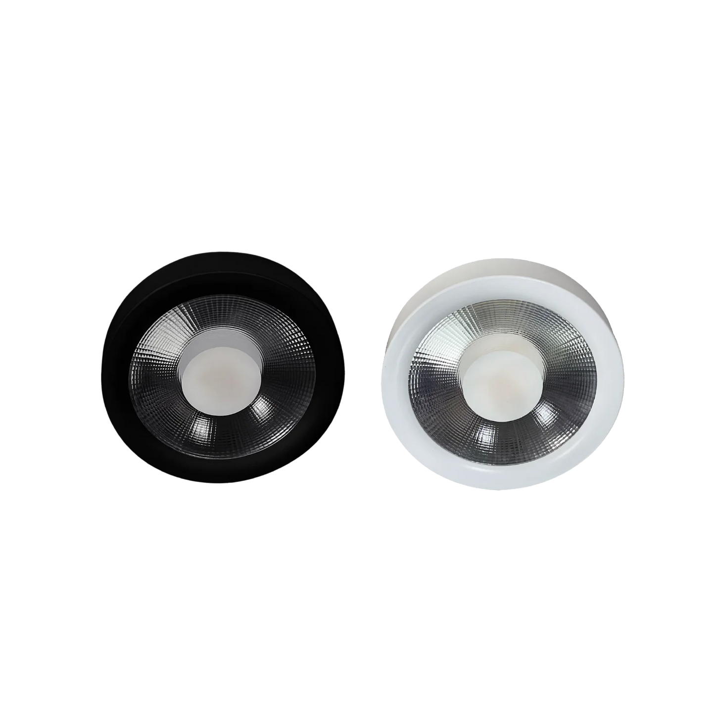 Two round light fixtures, one black and one white, on a white background