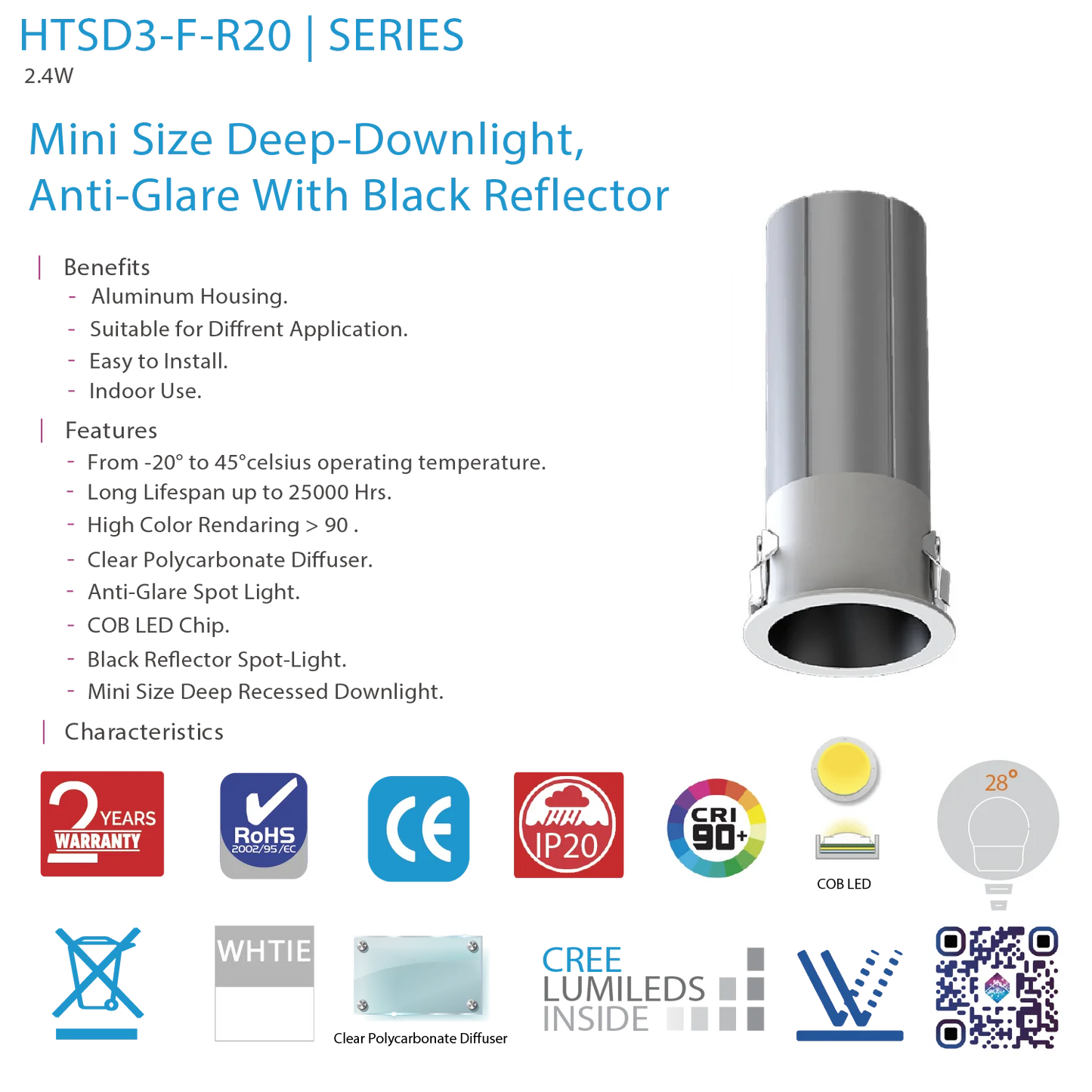 Ultralight Mini Anti-Glare Recessed LED Spot Light 2.4W CRI>90 (HTSD3-F-R20)