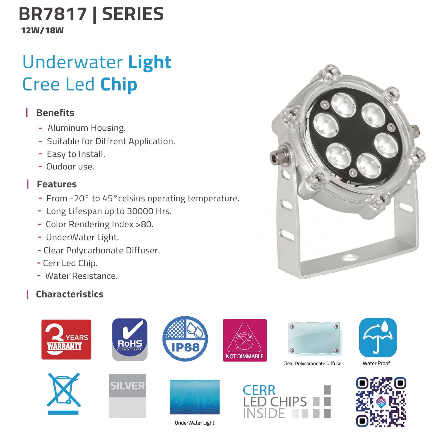 Ultra Light LED Underwater Light IP68 12W (BR7817)