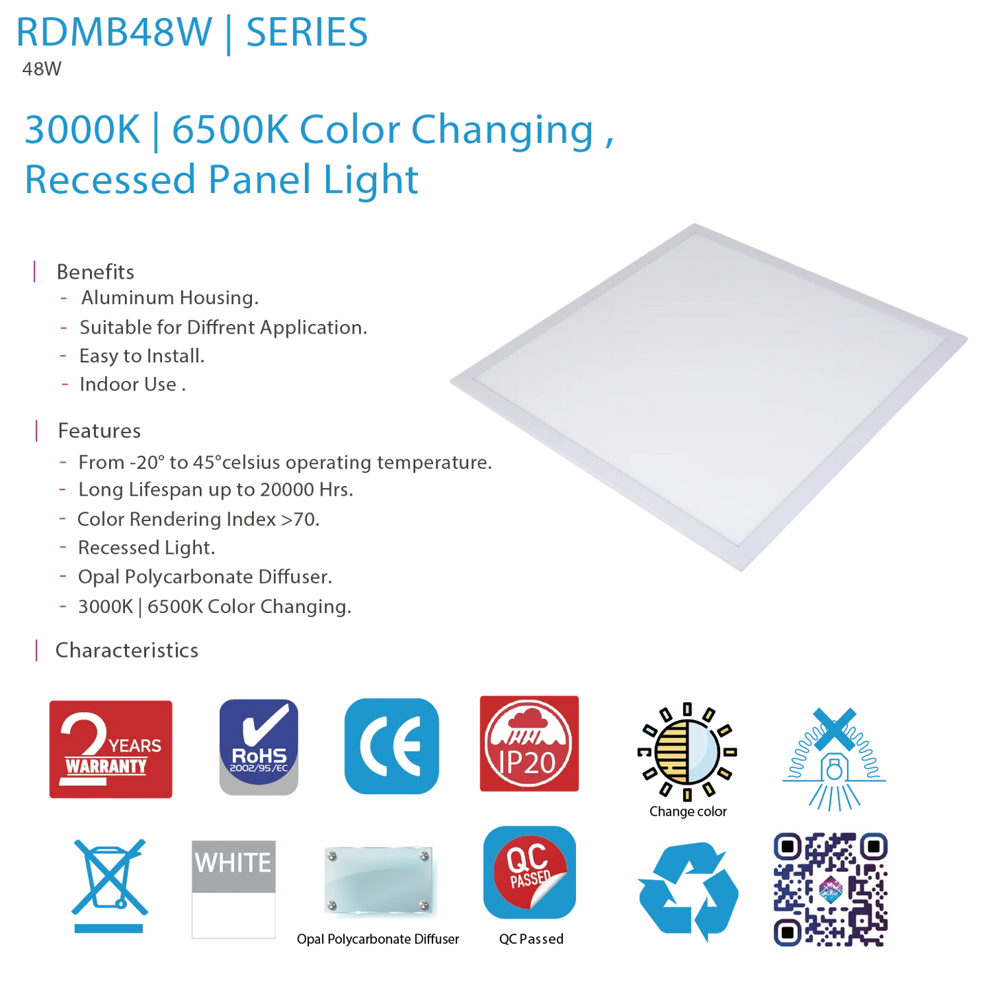 Ultra Light 60×60 Panel Light (RDMB48W) – 48W & Dual Color (3000K+6500K)