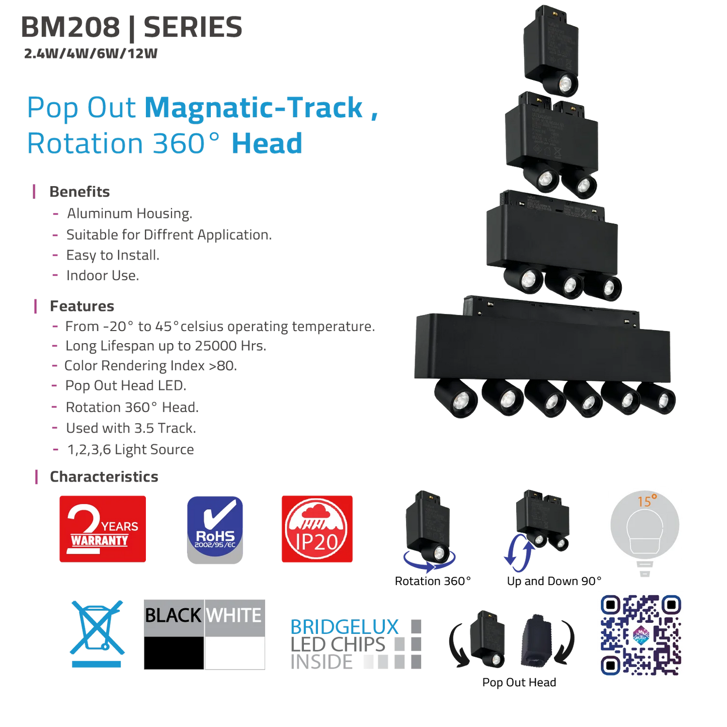 Magnetic Track Light - 360° Pop-Out LED Spotlight for Modern Interiors - Bridgelux Chip (BM208)