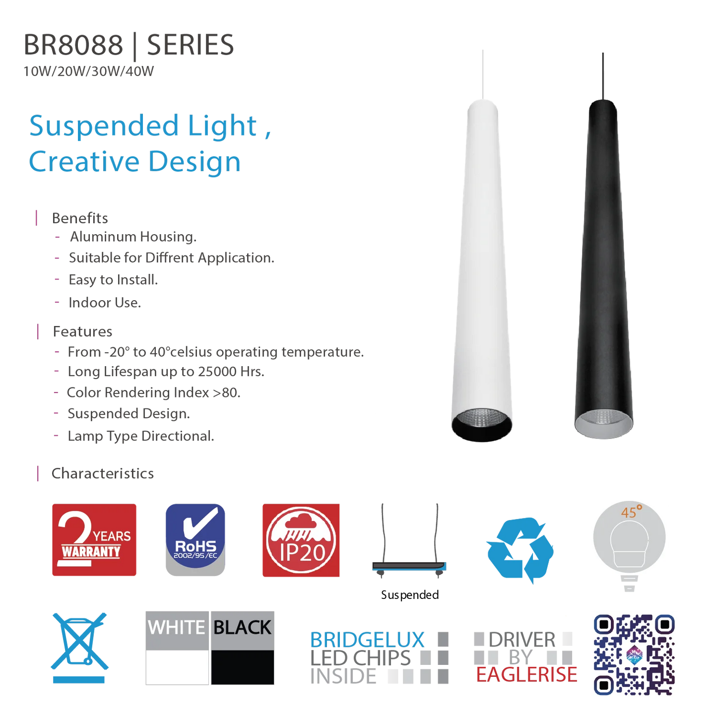 Ultralight Directional Pendant Ceiling Light 10W–40W (BR8088-RD)