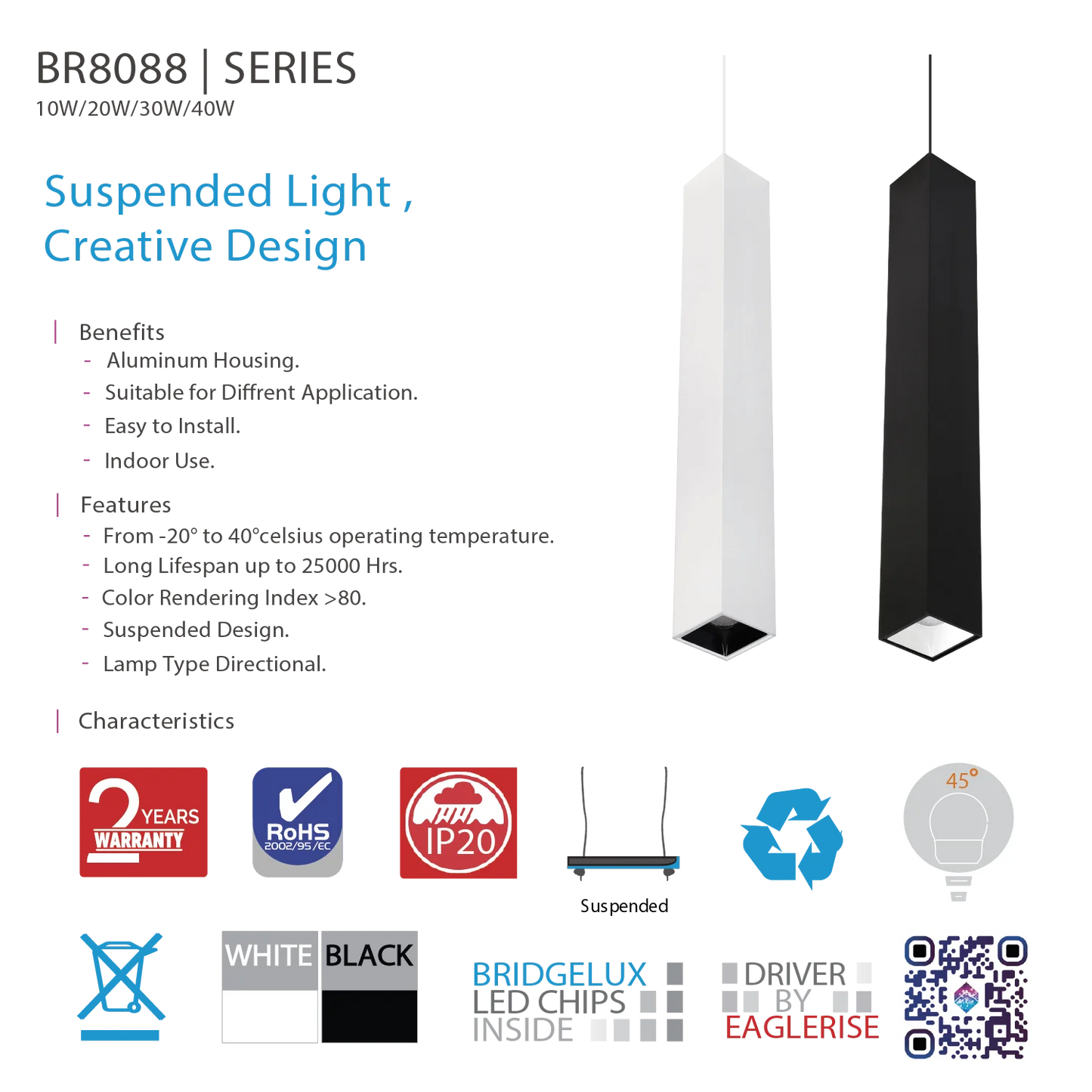 Ultralight Square Directional Pendant Light -20W Directional Fixture (BR8088-SQ)