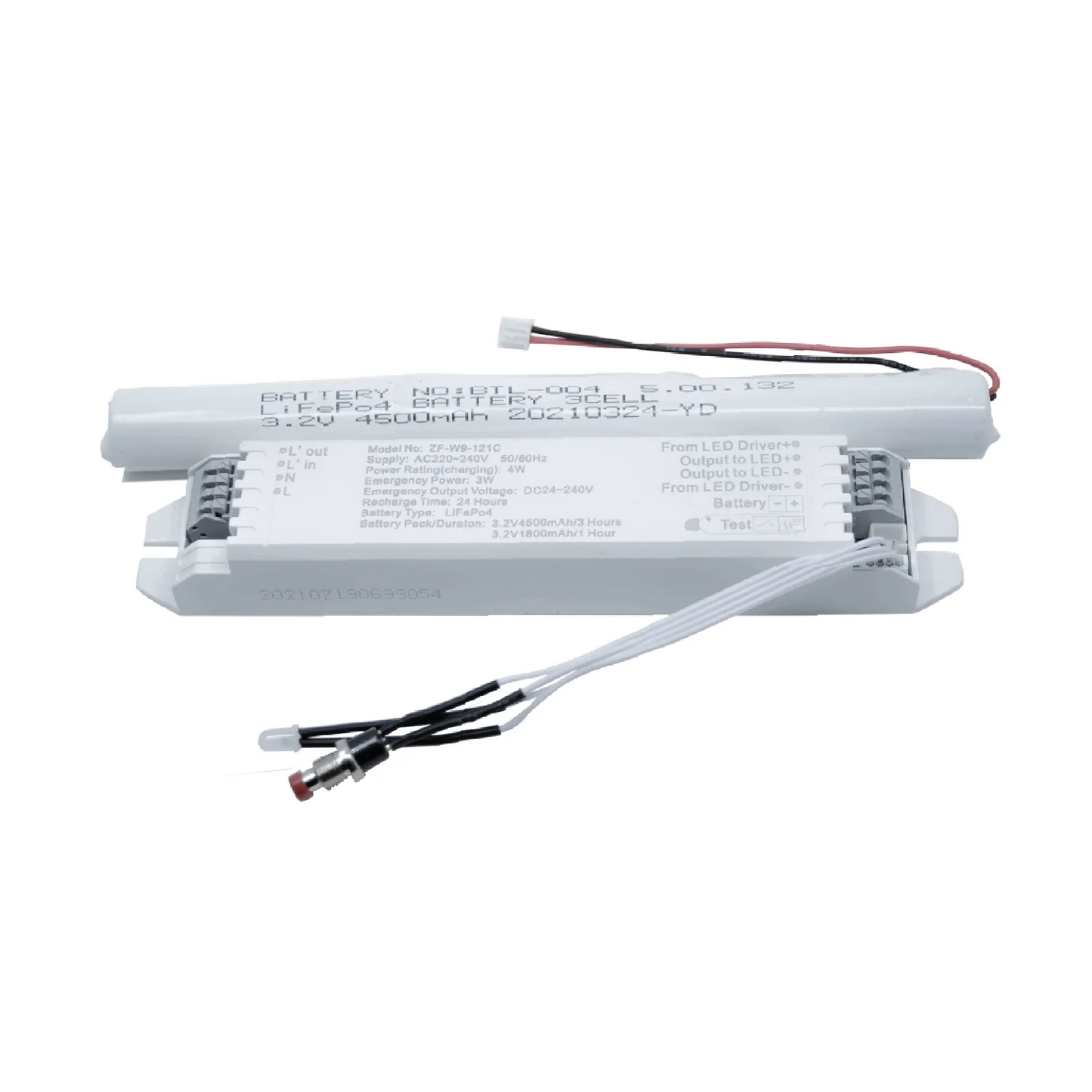 An LED emergency power pack with a white casing, featuring cables and labeling indicating a 4W output and 24V input.