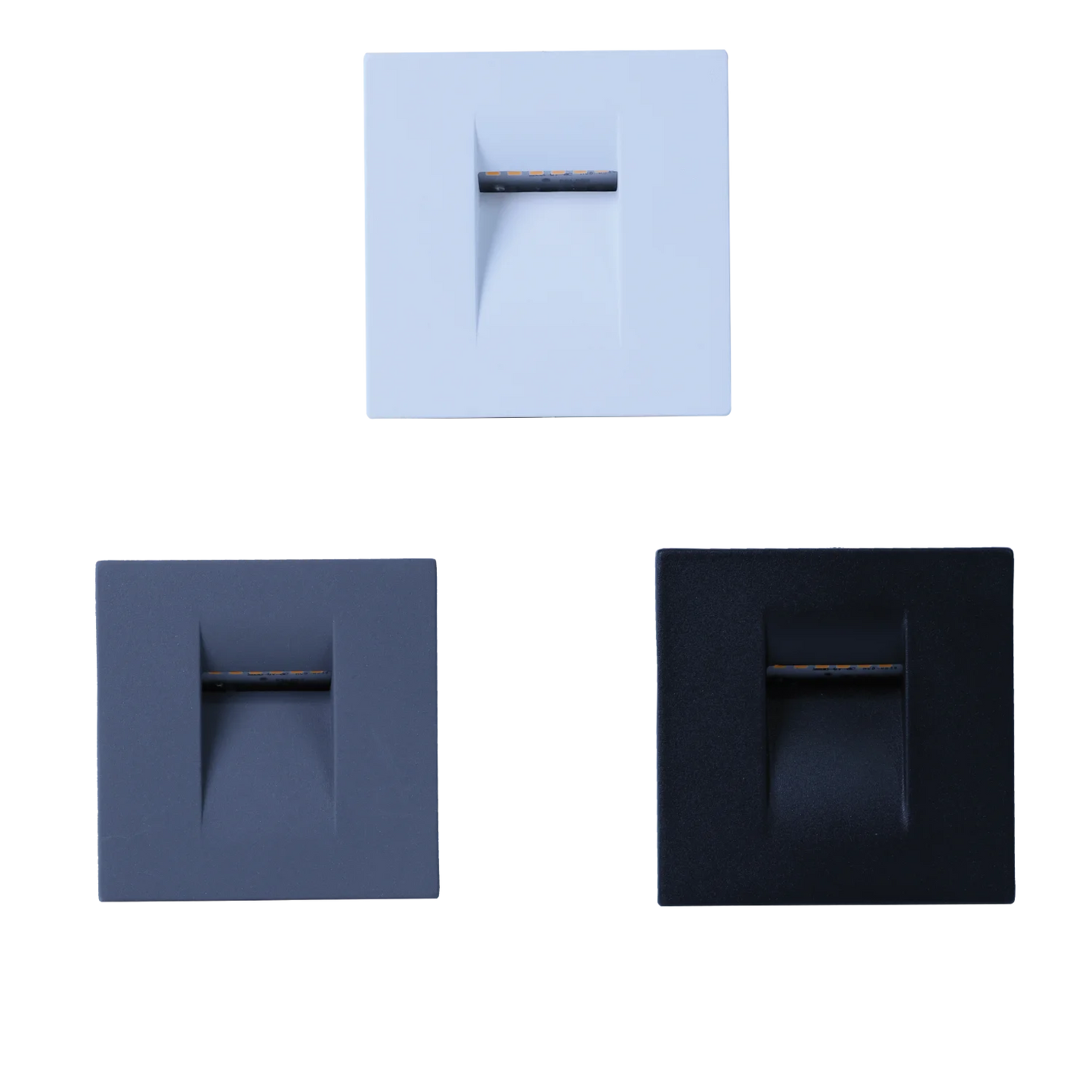 Three wall-mounted LED stair lights in white, black, and gray colors, with a minimalist square design and a central LED module.