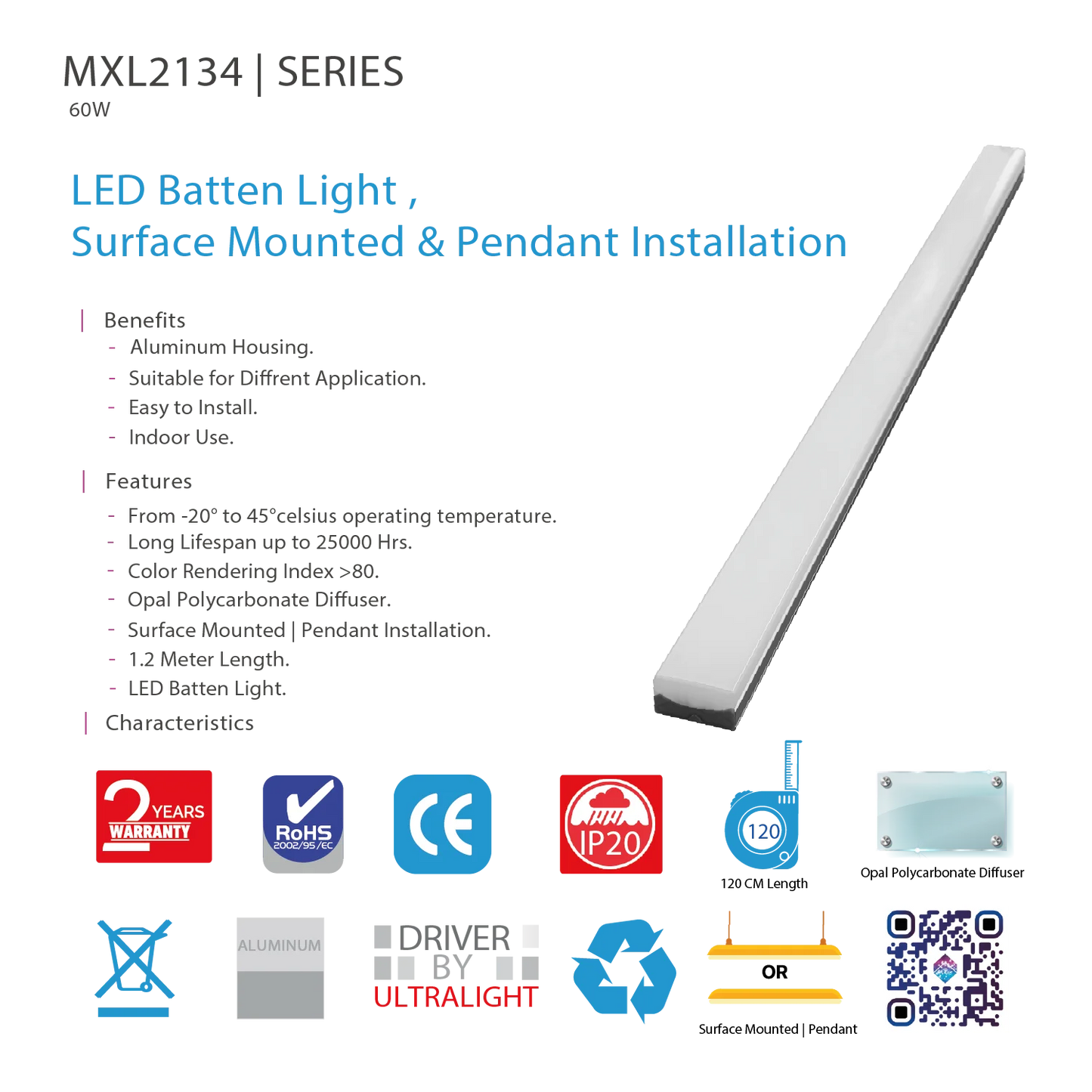 Ultralight LED Batten Light 1.2 Meter 60W (MXL2134)