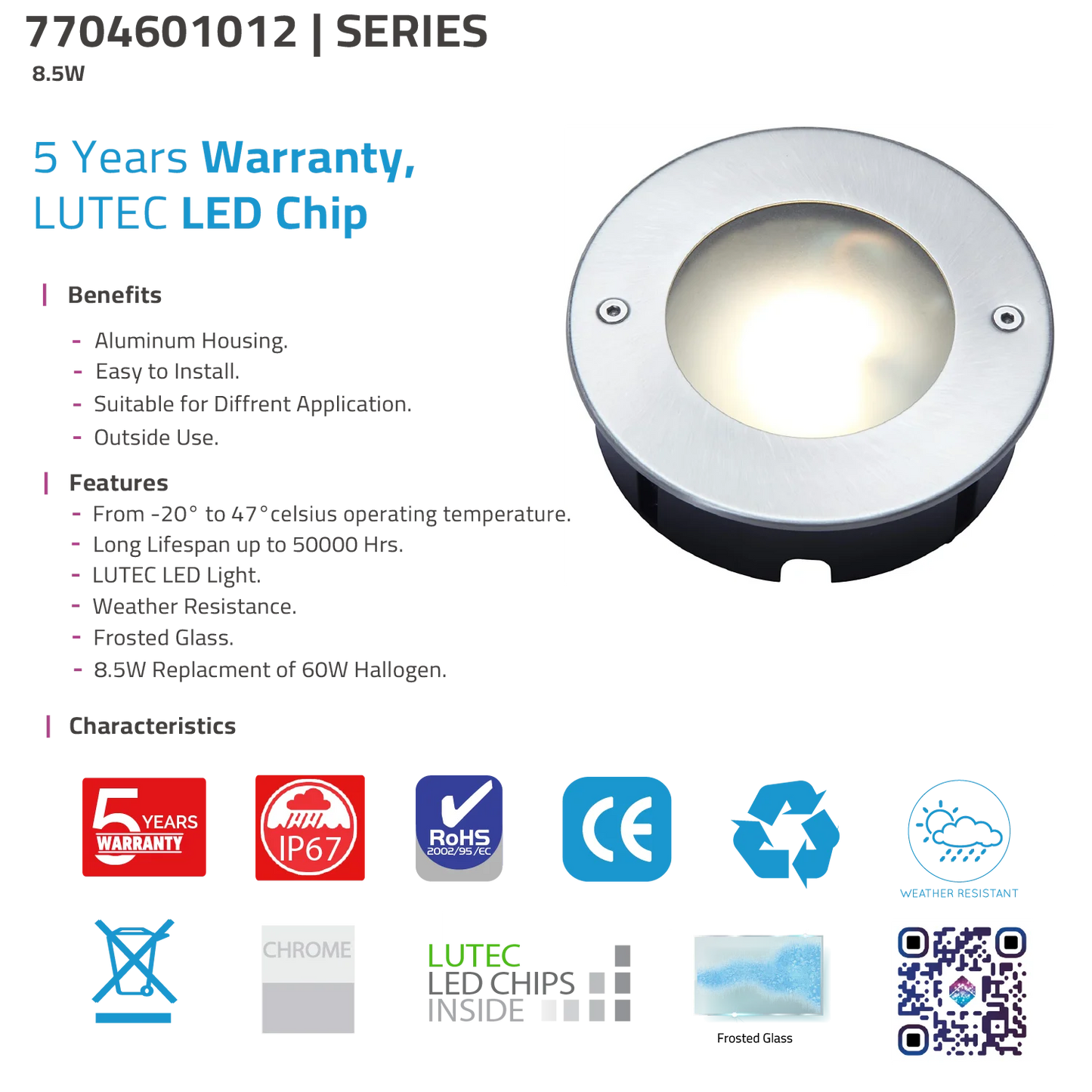 LED Inground Light 8.5W IP67 (UTL7046) - Recessed Outdoor Fixture with LUTEC Chip