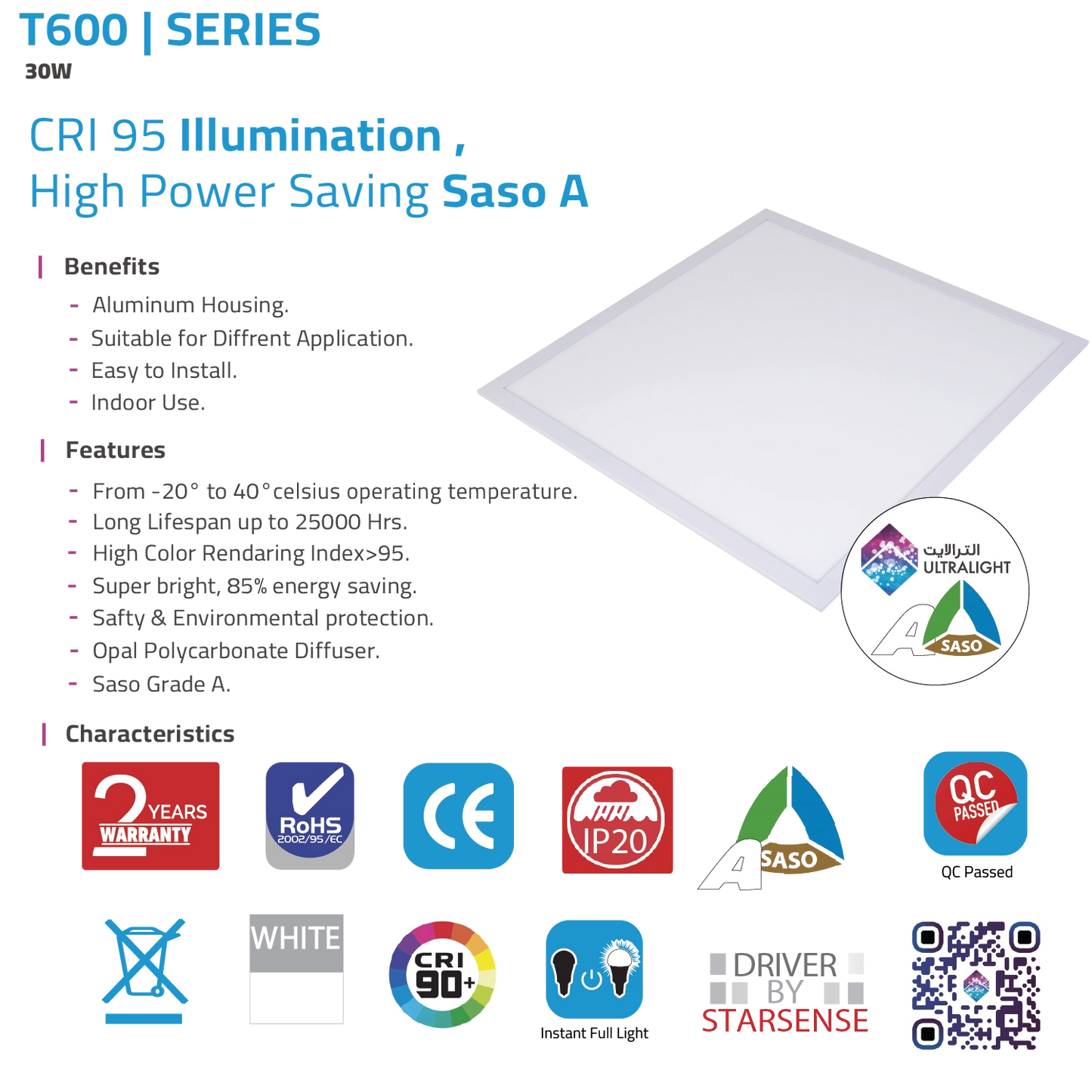 Ultra Light LED Panel Light 30W - CRI 95 High-Efficiency Lighting with Energy Saving (T600)