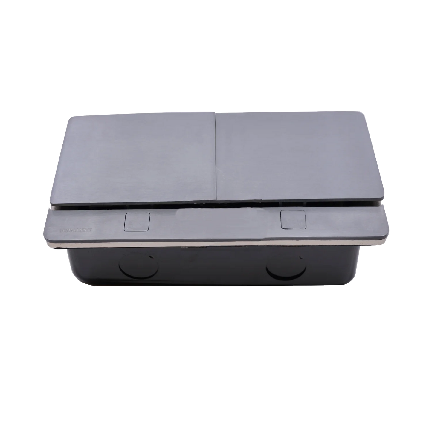 Gray electronic device with a flat top surface on a white background