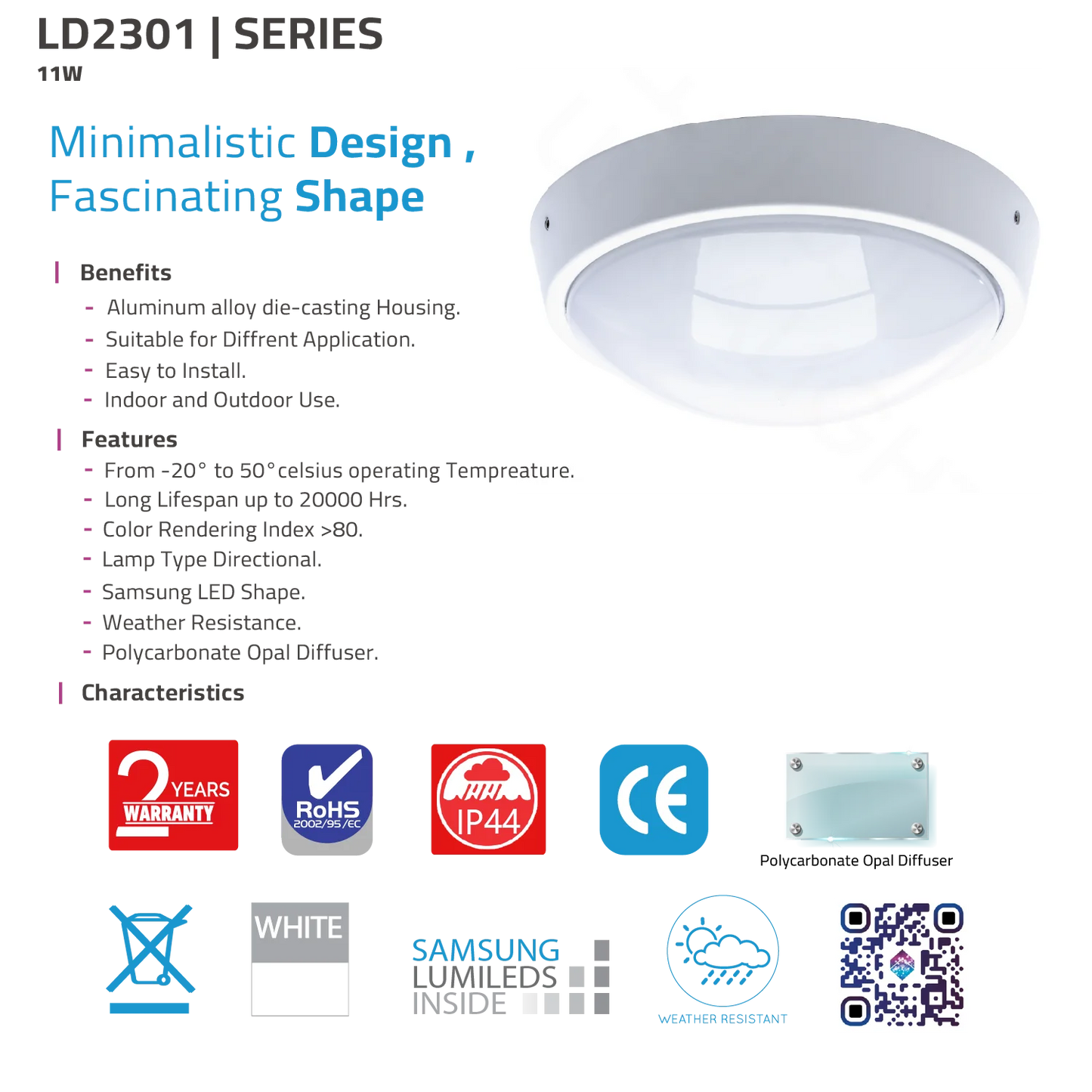 Ceiling light fixture with specifications and features on a white background