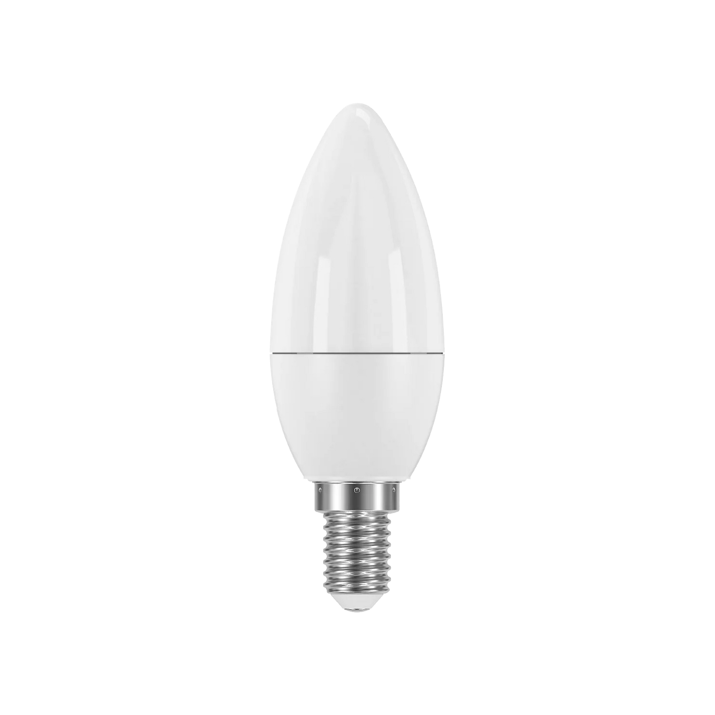 A white, conical LED light bulb with a clear base.