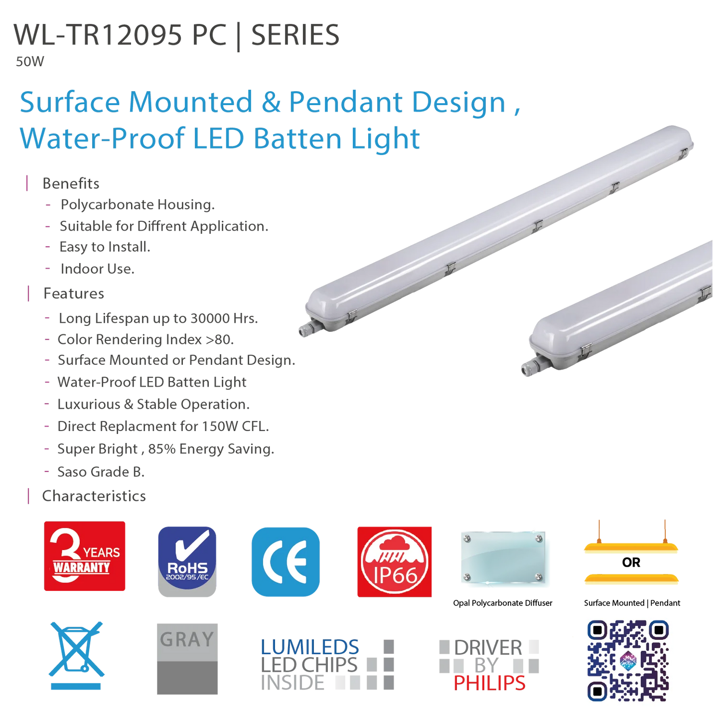 Ultralight Water Proof LED Batten Light 50W IP66 (WL-TR12095 PC)