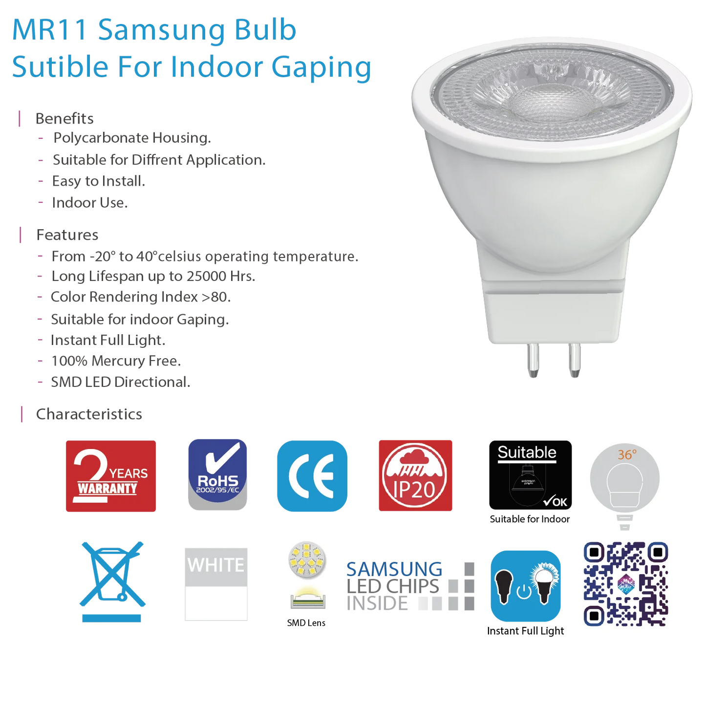 Ultra Light Small LED Bulb | MR11 Samsung LED 2W Indoor (UTL-14aM250ST)