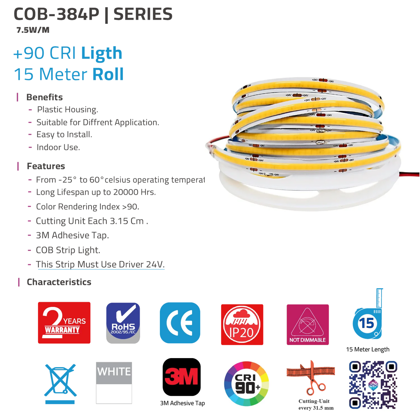Ultra Light COB LED Strip Light - 15m - High CRI >90 (COB-384P)