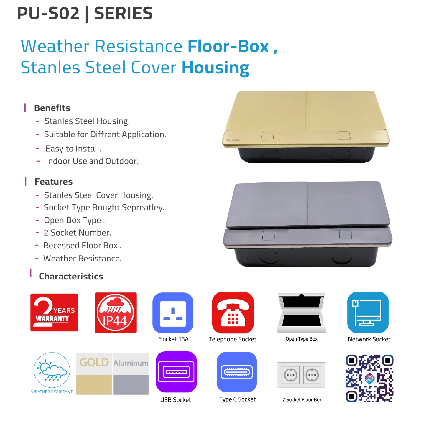Weather resistance floor box with stainless steel cover housing, featuring benefits, features, and characteristics on a white background.