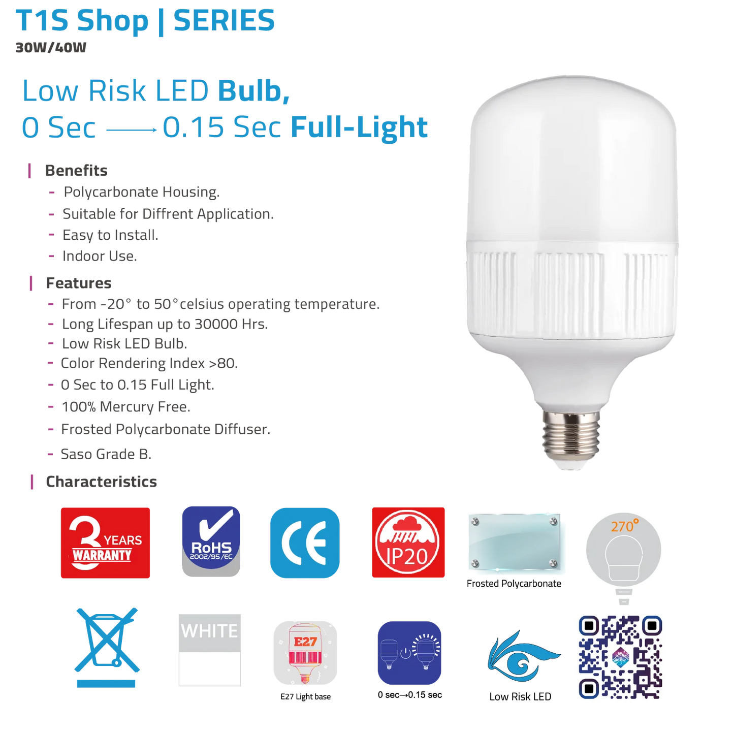 LED LIGHT BULB E27 (T1S Shop) – Instant Full-Light, High Efficiency