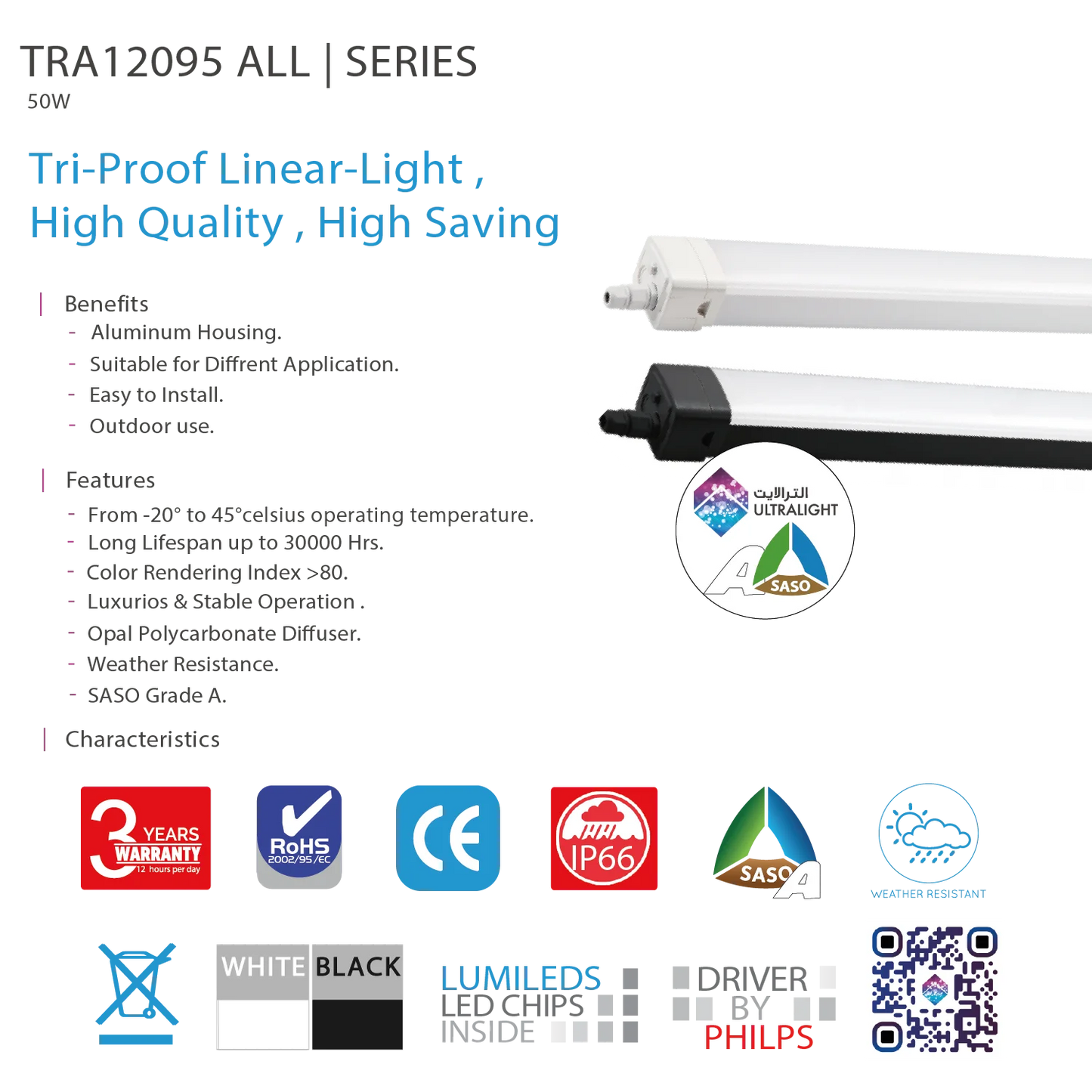 Ultralight Tri-Proof LED Linear Light 50W IP66 (TRA12095)