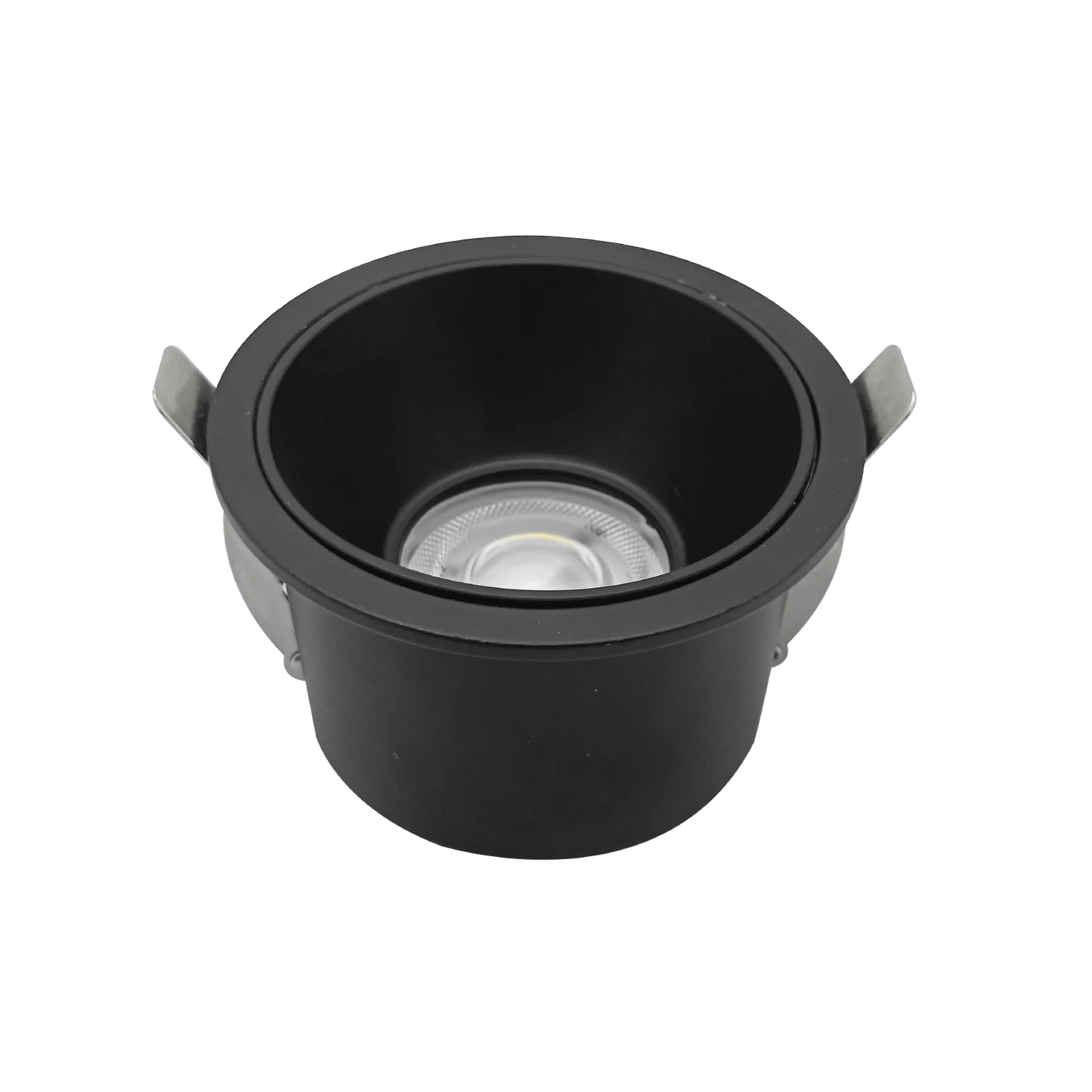 Black recessed lighting fixture on a white background