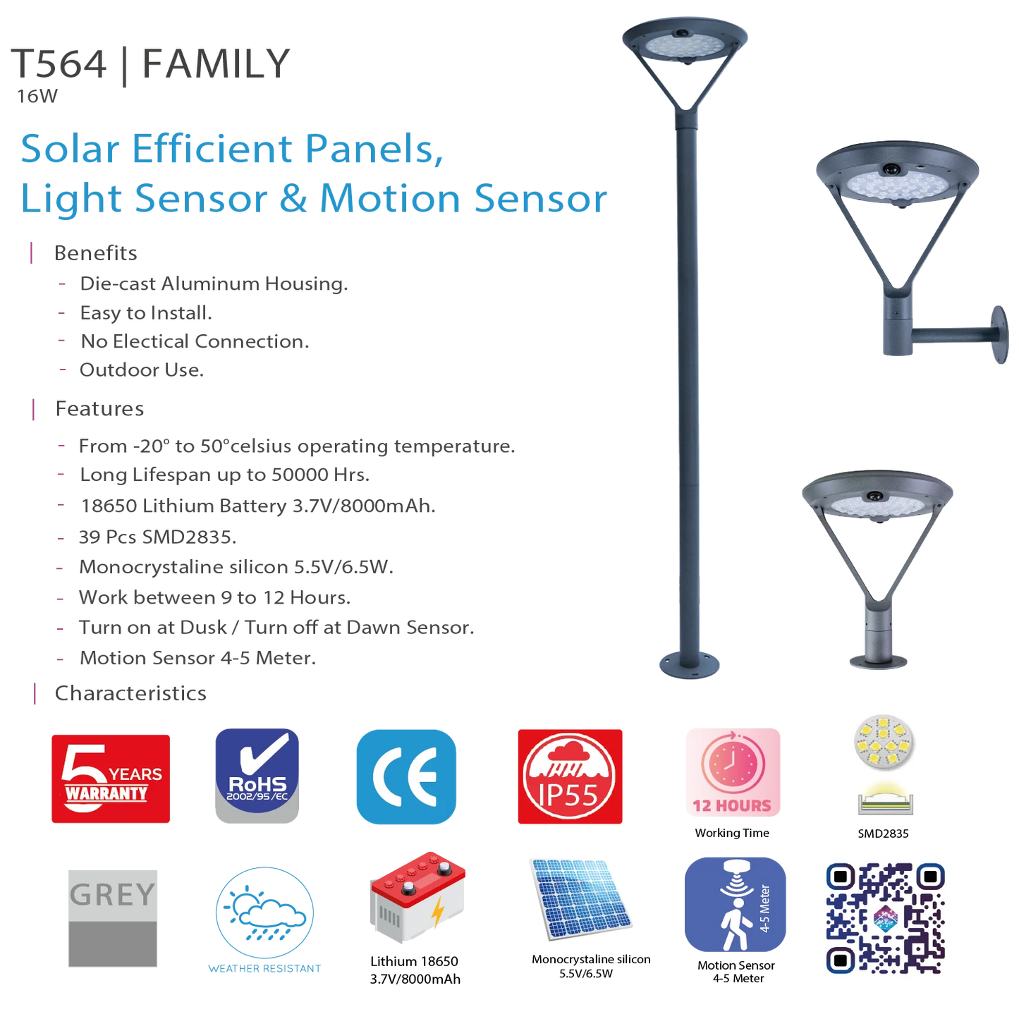 Ultralight Solar Garden Light with Motion Sensor 16W IP55 (T564)