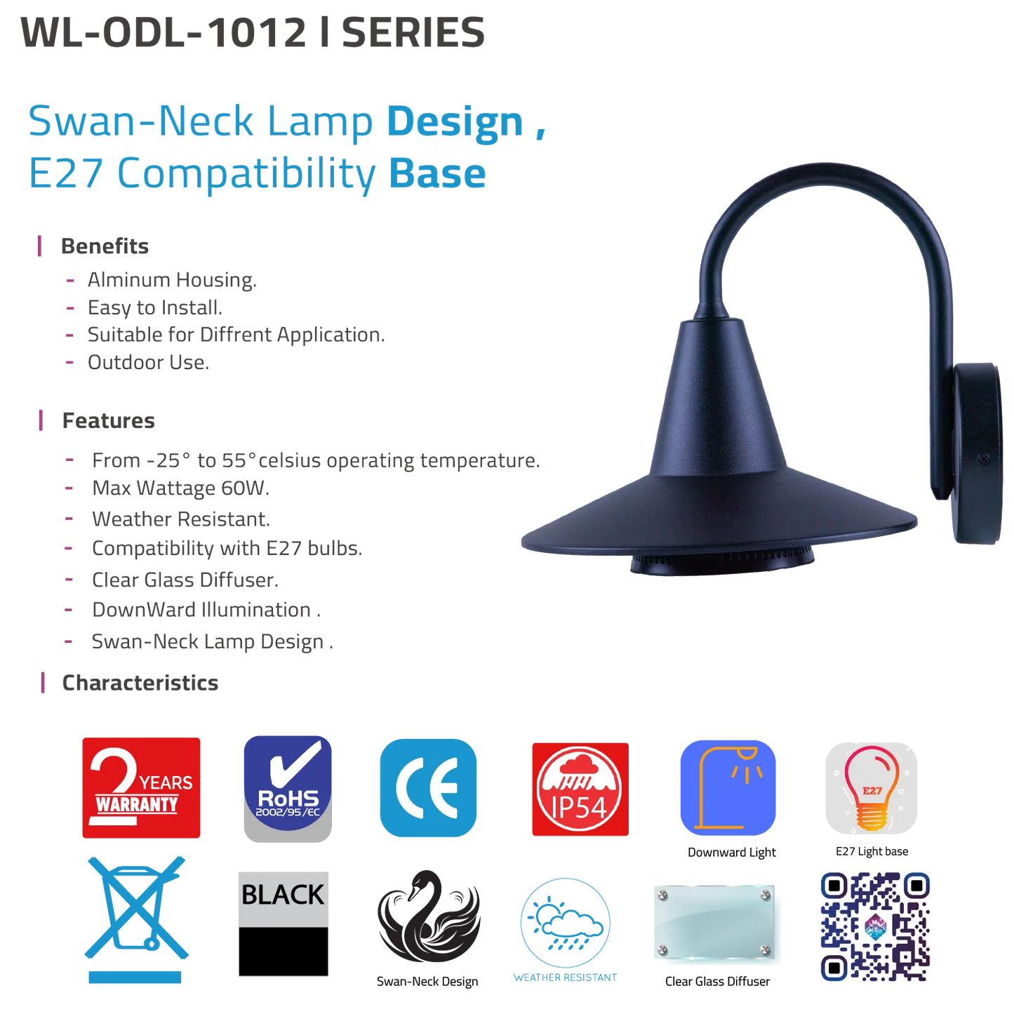 Wall-mounted lamp with swan-neck design and E27 compatibility base, featuring product details and certifications on a white background.