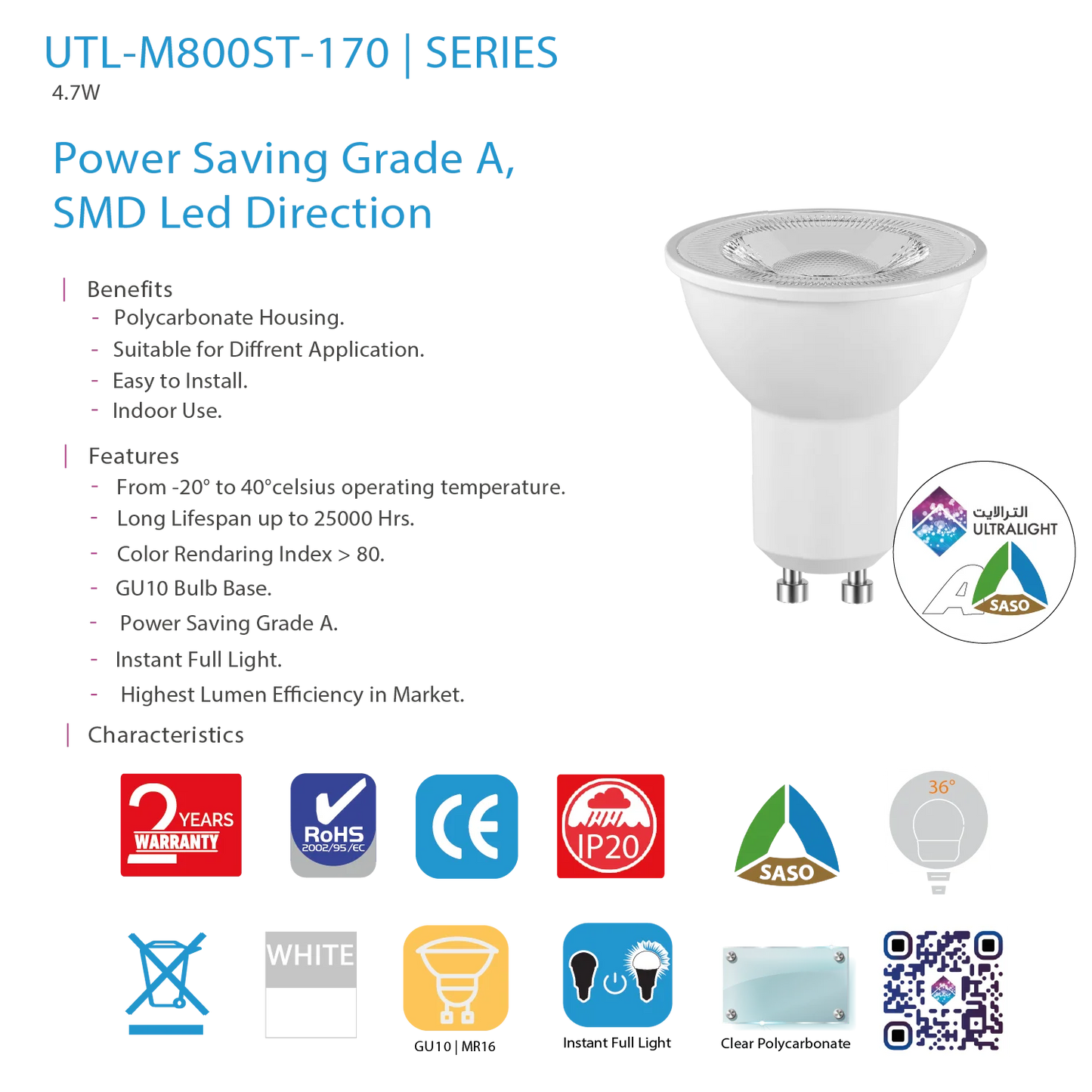 Ultralight LED Bulb 4.7W GU10 - Most Efficient Lighting 170 lm/W (UTL-M800ST-170)