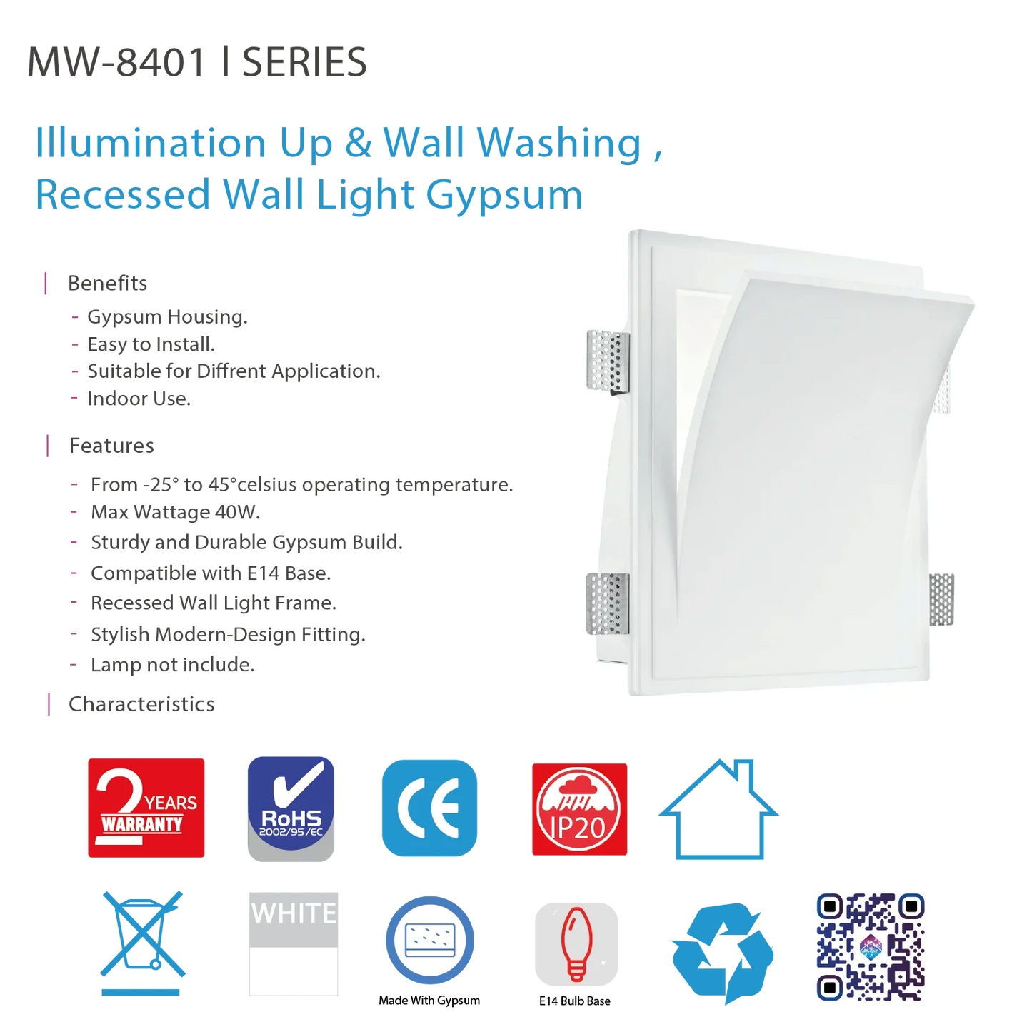 Ultralight Recessed Gypsum wall Light Frame E14 (MW-8401)