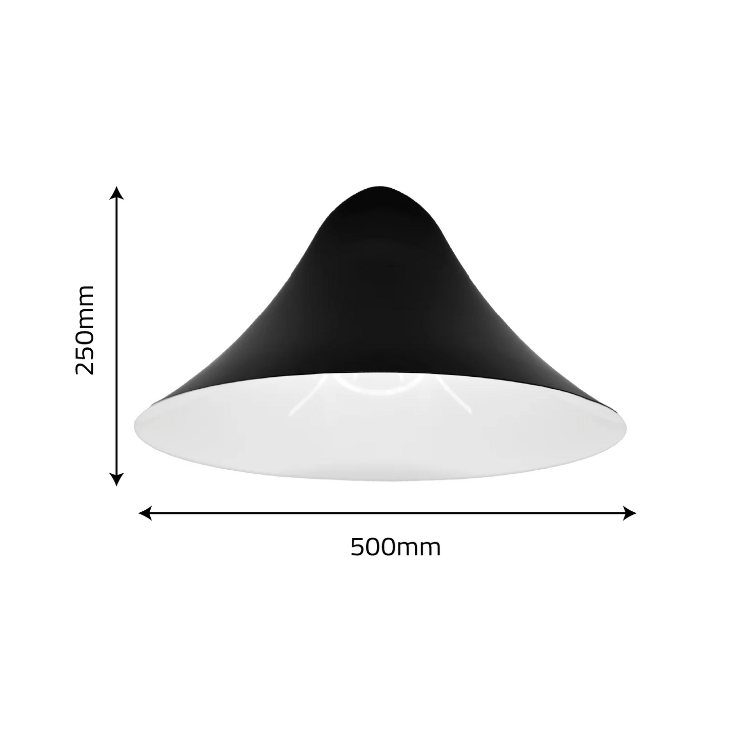 Black pendant light with measurements on a white background