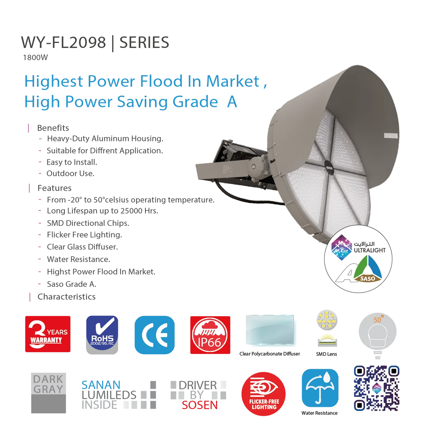 Ultralight LED Flood Light - Highest Power Flood in Market 1800W (WY-FL2098)