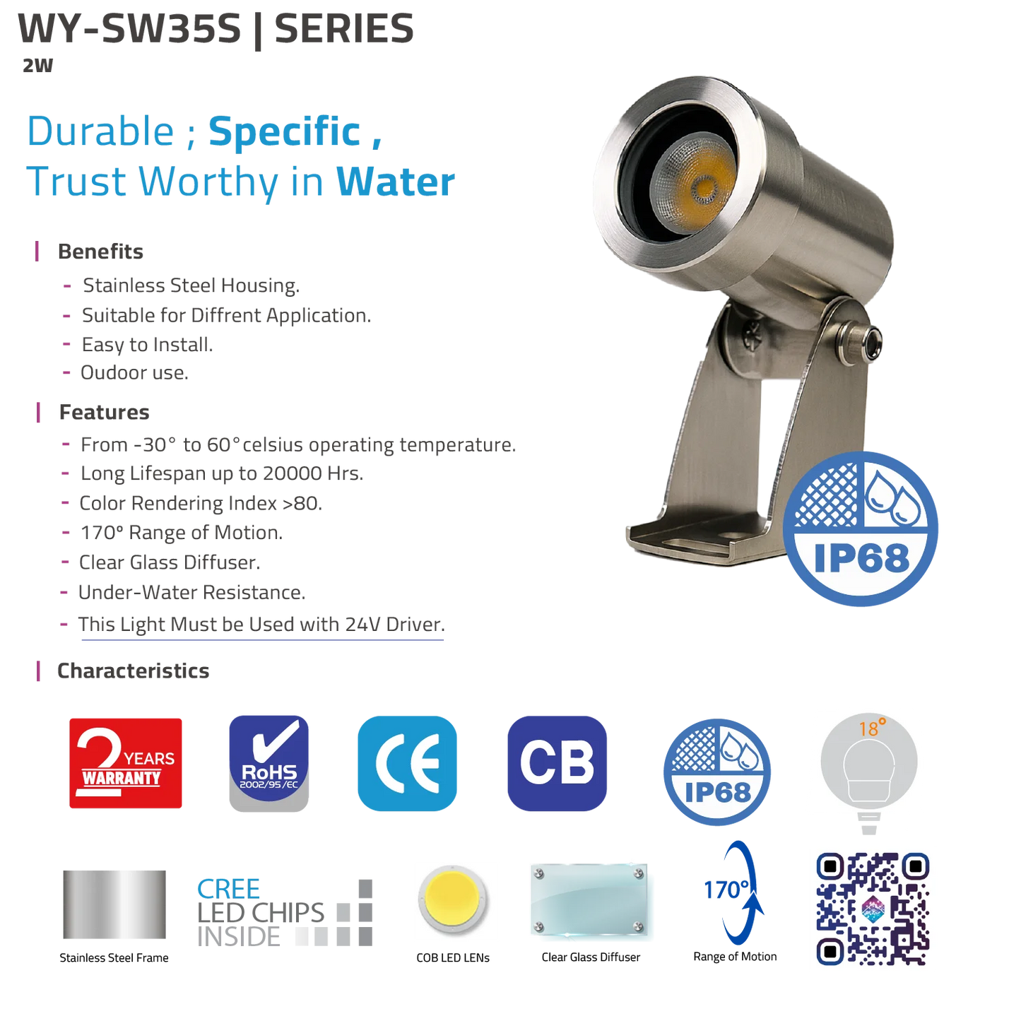 LED Underwater Light 2W 24V (WY-SW35S) – Durable - IP68 Waterproof