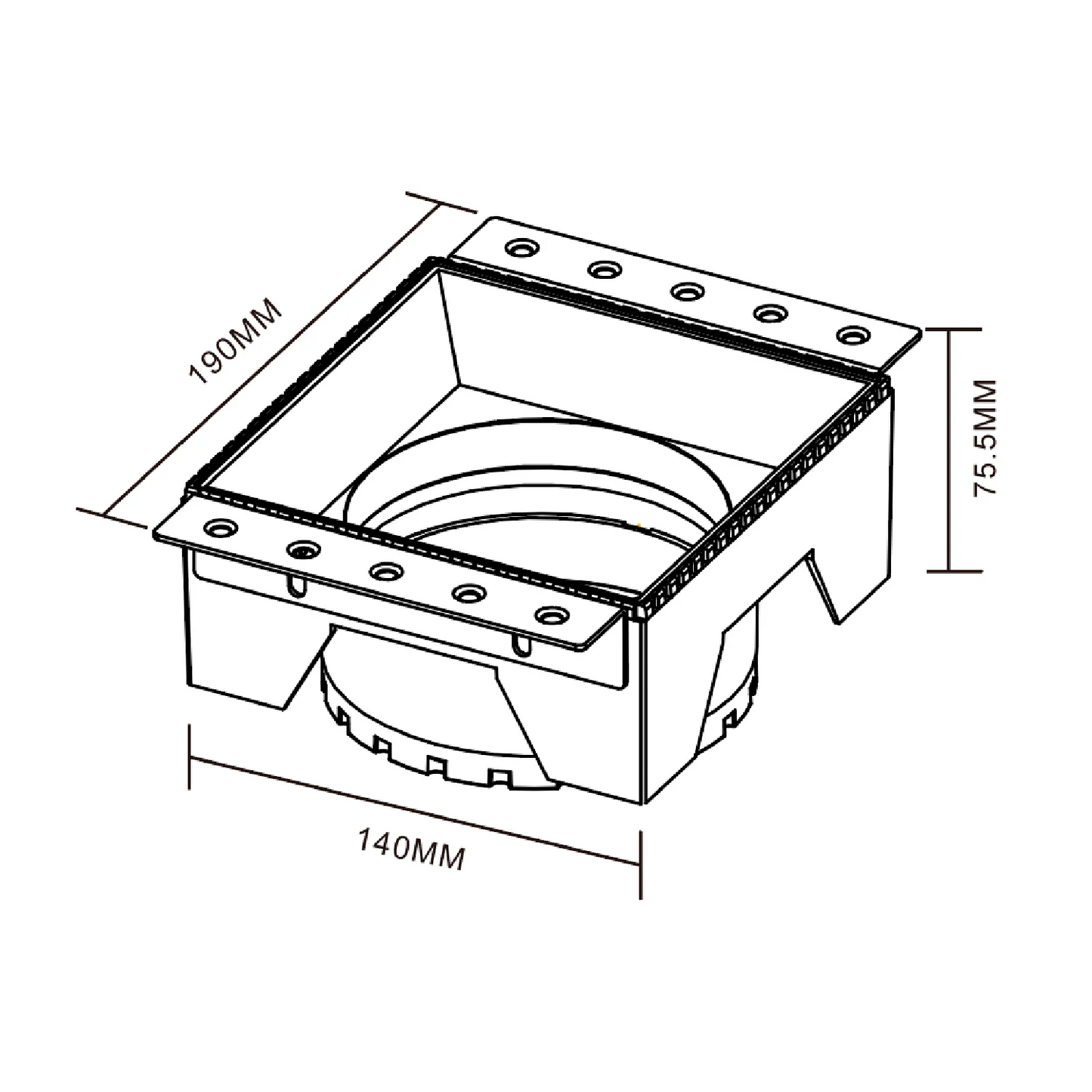 Technical drawing of a rectangular metal component with dimensions labeled