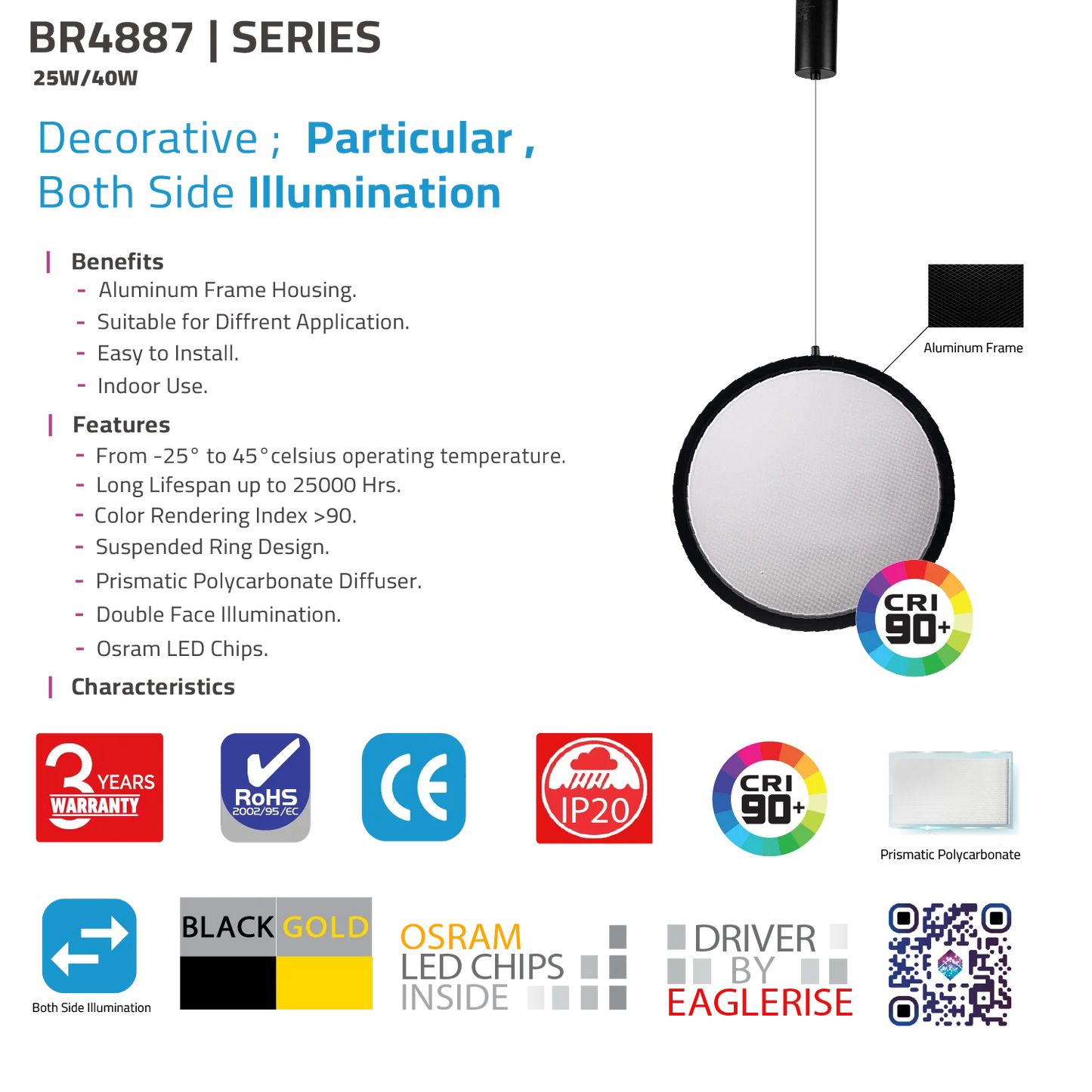 LED Pendant Light (BR4887) – Decorative Double-Sided Illumination with Elegant Design, High CRI >90, and Prismatic Diffuser