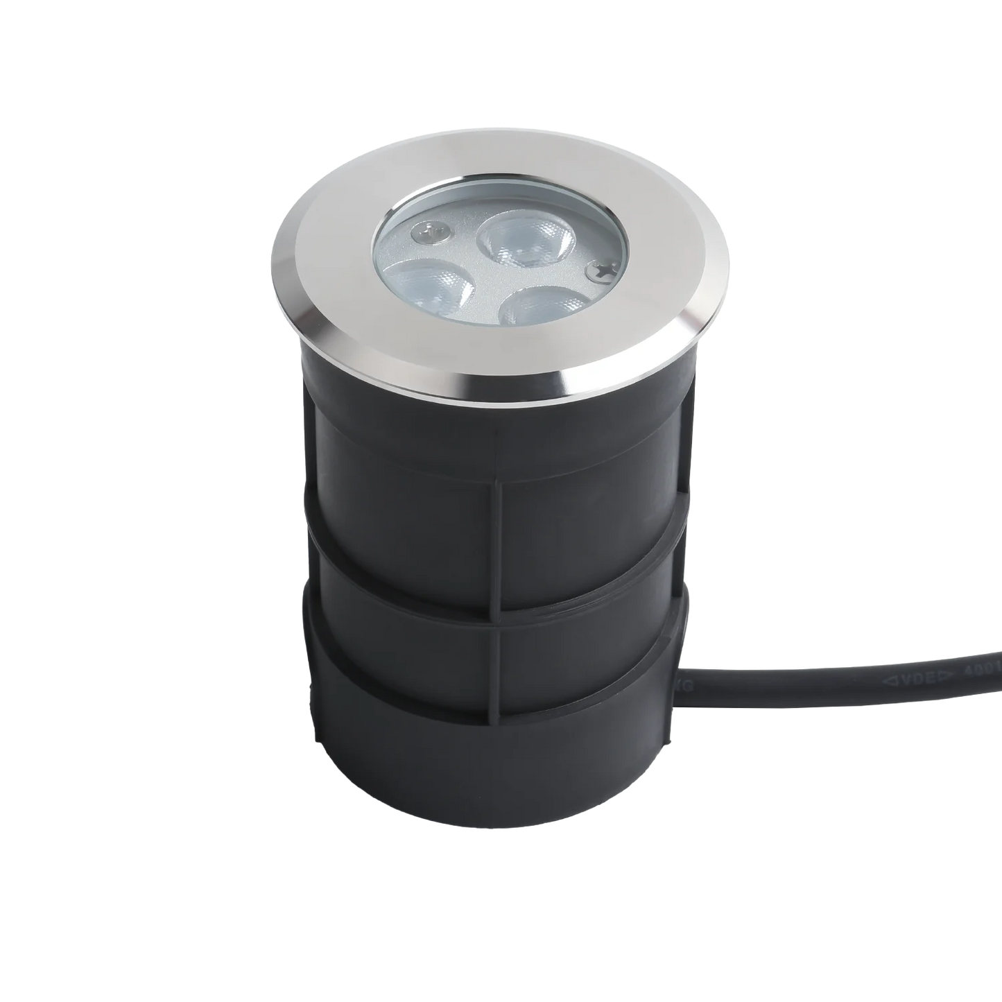 An underwater light with a metallic top and a black cylindrical base, equipped with multiple LEDs.