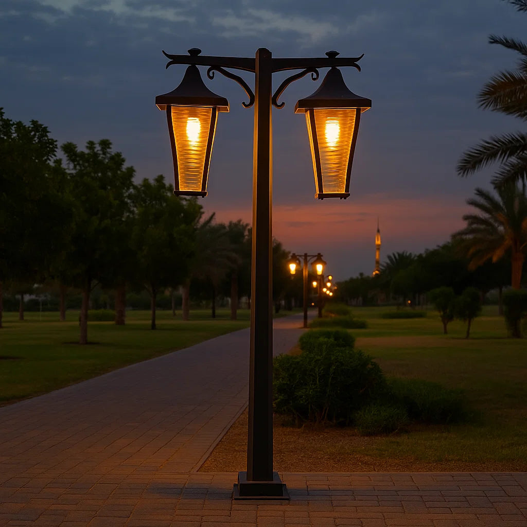 Outdoor Pole Light with Dual Classic Lanterns (0304-PL059-2) - 2.5 Meters - IP44 Weather-Resistant - 2xE27 Bulb Bases