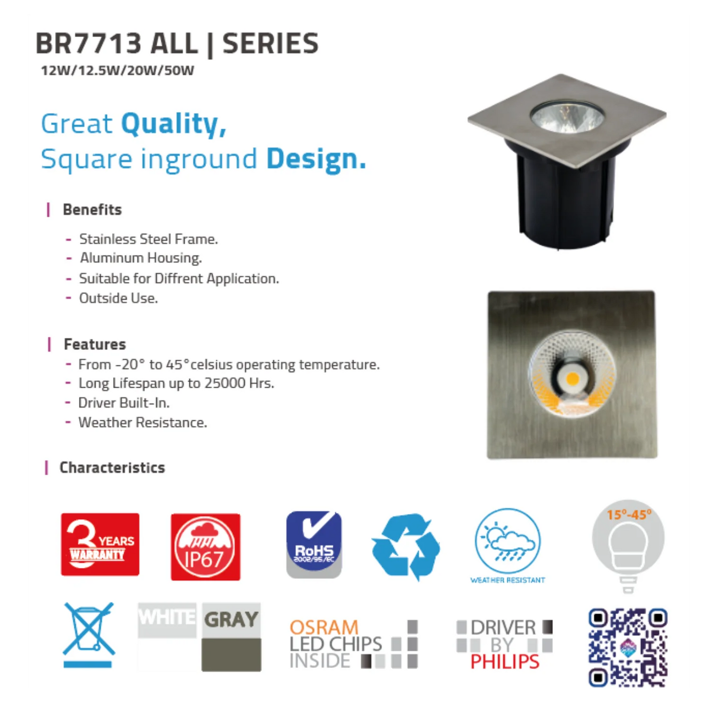 UltraLight LED In-Ground Recessed Light IP67 (BR7713 SQ)